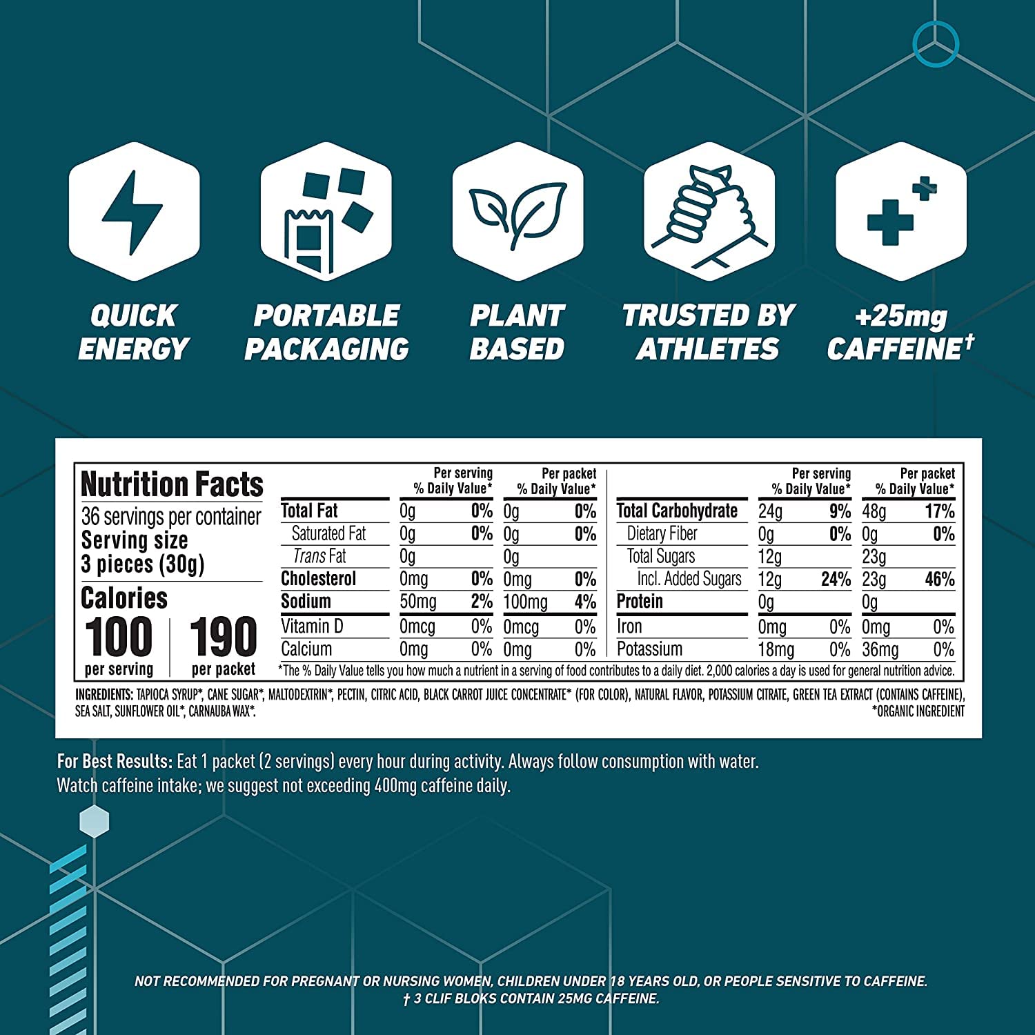 Tropical Punch UUX CLIF BLOKS Energy Chews with 25mg Caffeine - Plant Based Fast Fuel for Cycling and Running - Non-GMO - Workout Snack (2.1oz, 3 Pack)