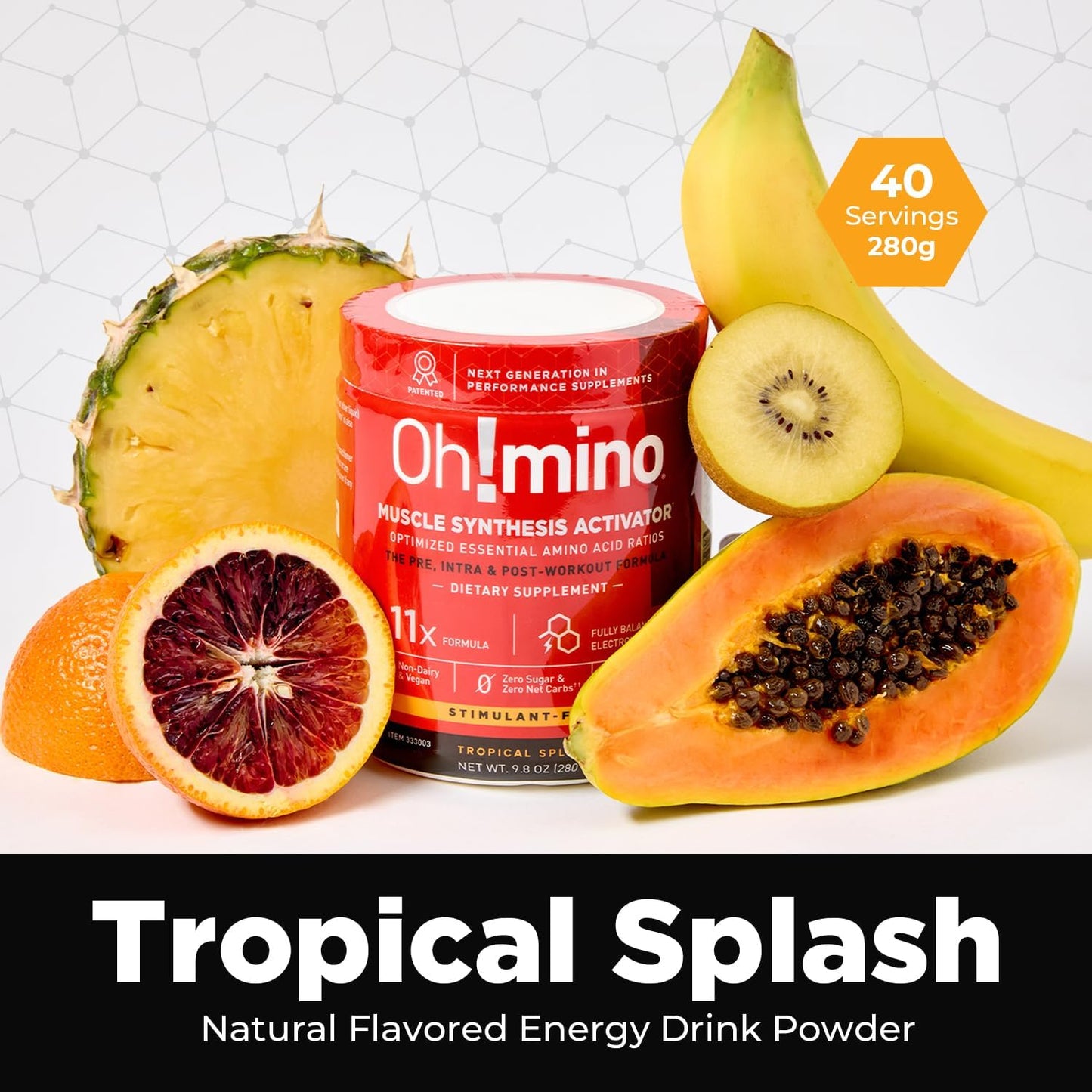 Tropical Splash BCAAs Amino Acids Powder Supplement for Muscle Gain - Non Caffeine, Non Dairy, Vegan - 40 Servings, 280g - Pre & Post Workout Recovery