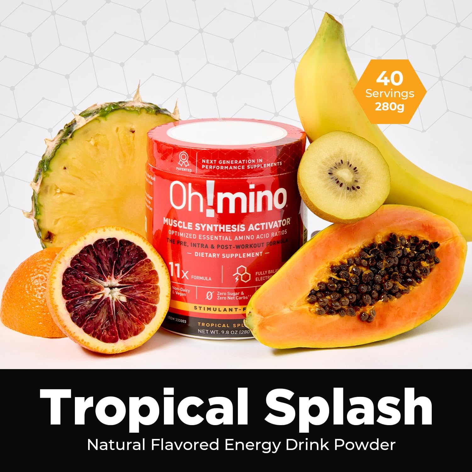 Tropical Splash BCAAs Amino Acids Powder Supplement for Muscle Gain - Non Caffeine, Non Dairy, Vegan - 40 Servings, 280g - Pre & Post Workout Recovery