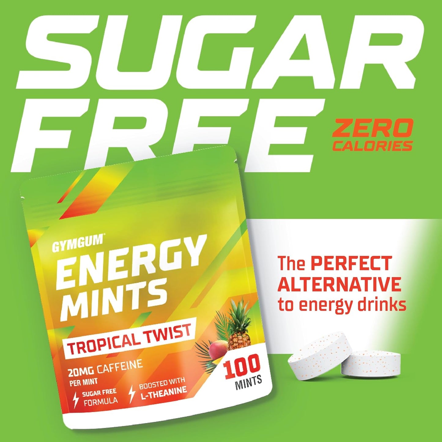 Tropical Twist GYMGUM Energy Mints - 60mg Caffeine, L-Theanine, B Vitamins - Sugar Free - 100 Count