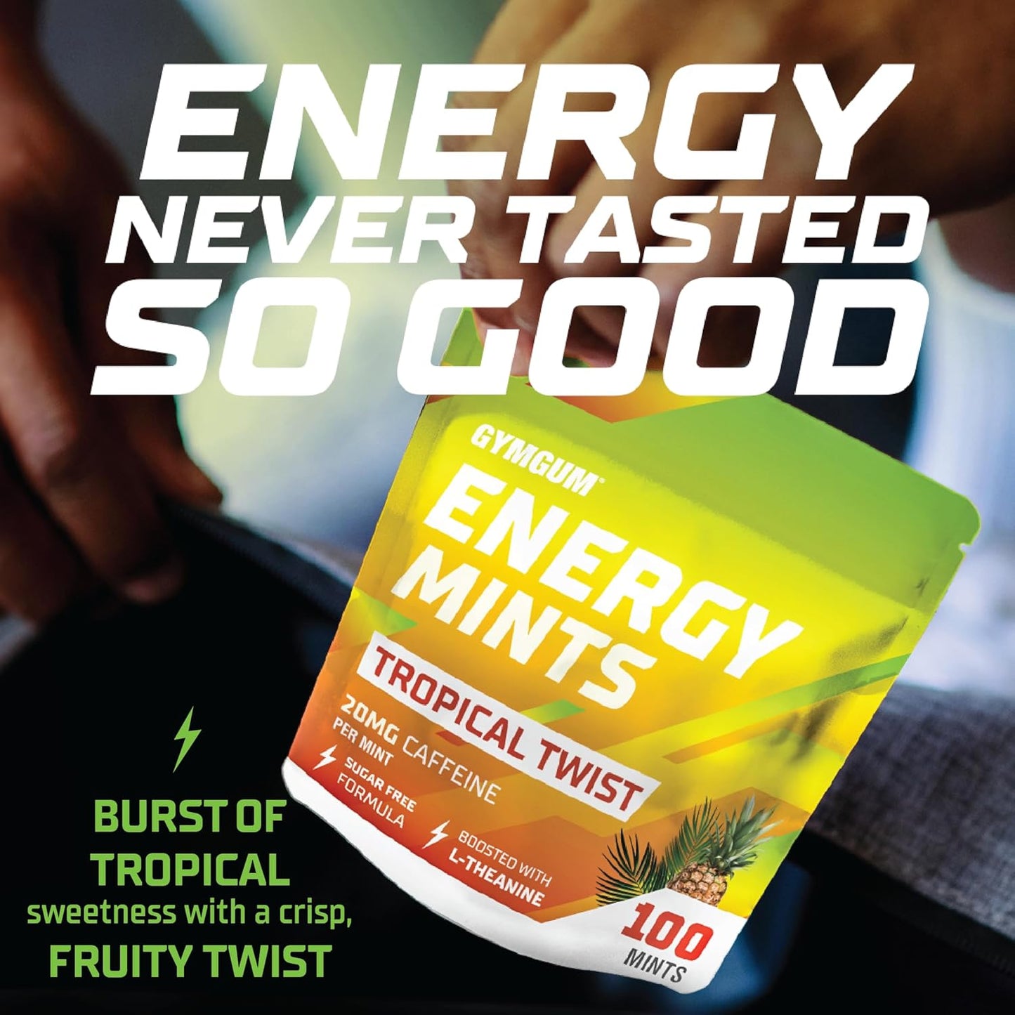 Tropical Twist GYMGUM Energy Mints - 60mg Caffeine, L-Theanine, B Vitamins - Sugar Free - 100 Count