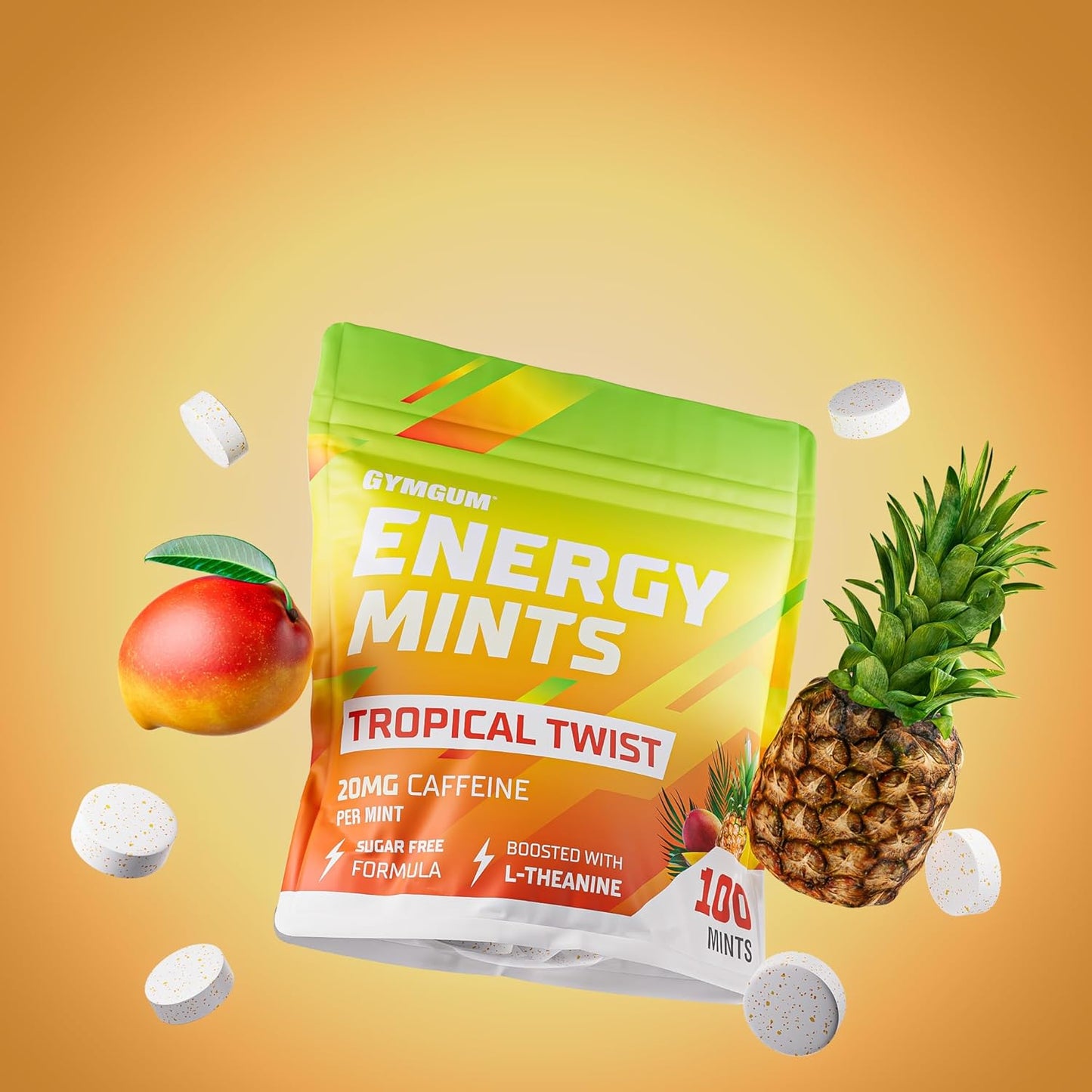 Tropical Twist GYMGUM Energy Mints - 60mg Caffeine, L-Theanine, B Vitamins - Sugar Free - 100 Count