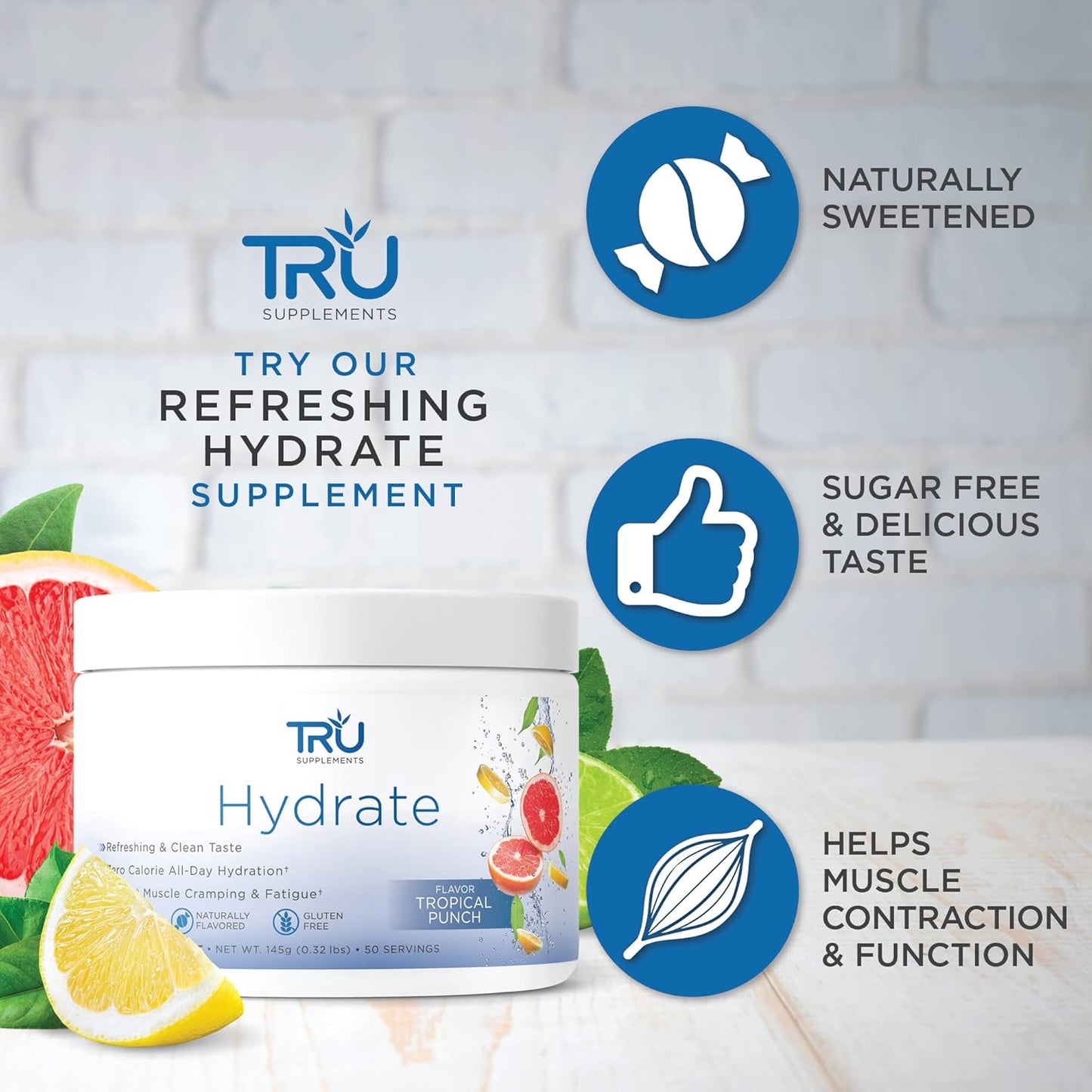 TRU Supplements TRU Hydrate Electrolyte Hydration Powder Tropical Punch 50 Servings Sugar Free 0 Calories 0 Carbs Keto-Friendly No Artificial Additives