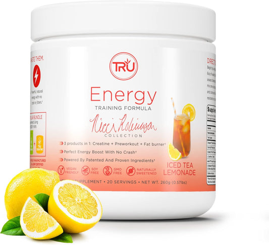 TRU Supplements Vegan Pre Workout Energy Formula - Improve Workout Performance with Natural Flavors - 20 Servings (Iced Tea Lemonade)