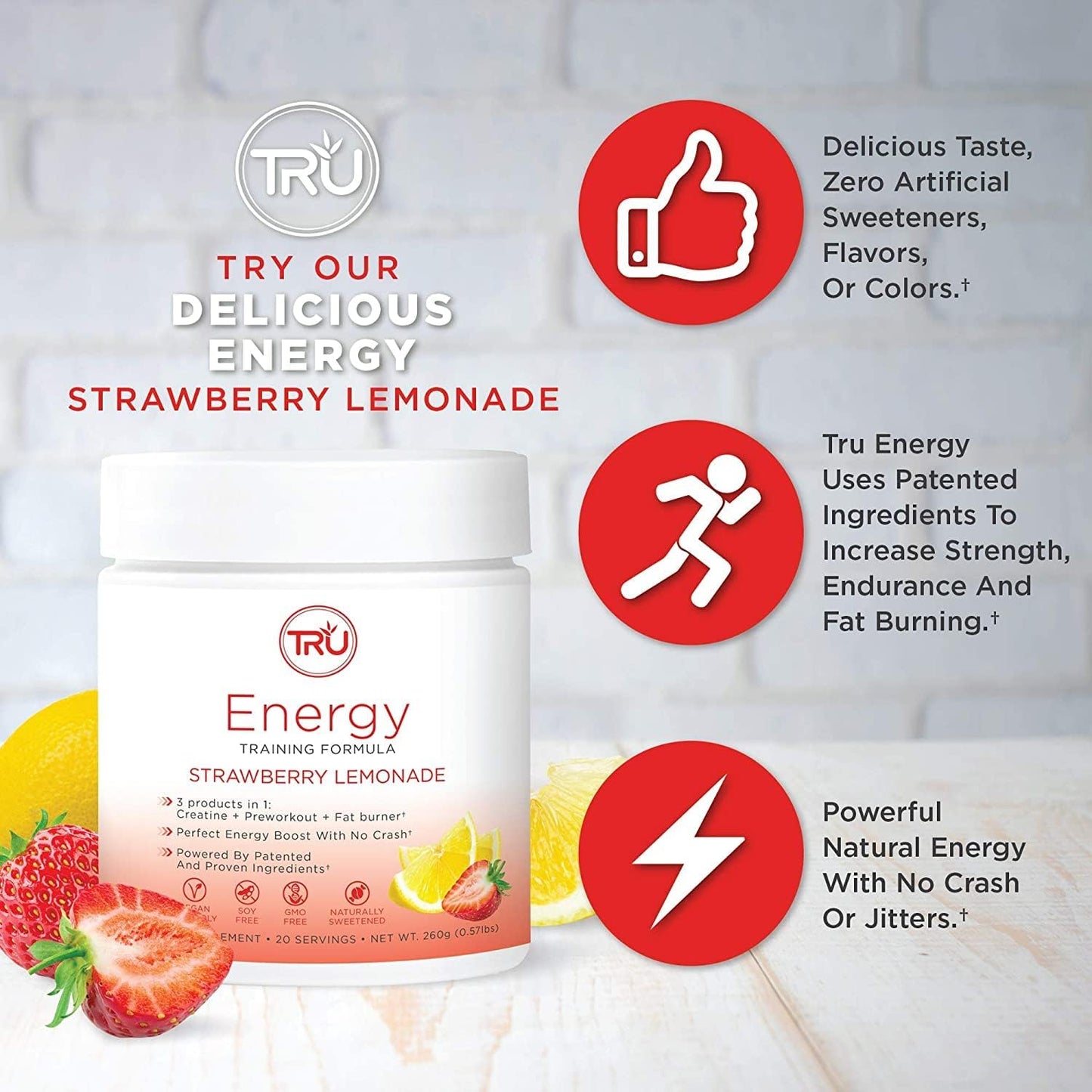 TRU Supplements Vegan Pre Workout Energy Formula - Improve Workout Performance with Natural Flavors - 20 Servings (Iced Tea Lemonade)