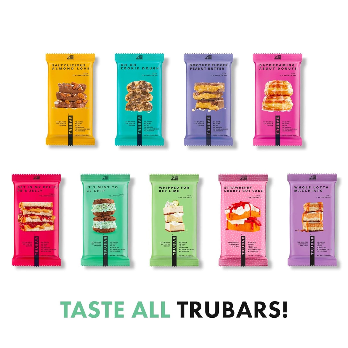 TRUBAR Mint Chip Vegan Protein Bars - Gluten-Free, Plant-Based, High Fiber, Dairy-Free, Low Fat, Non-GMO, No Sugar Alcohols - 12 Pack