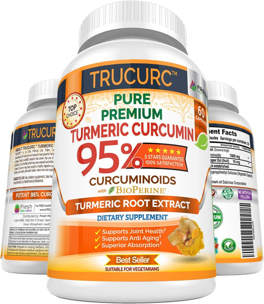 Trucurc Turmeric Curcumin Supplement with Black Pepper - 95% Pure Curcumin - Joint Support - Natural Health - 60 Capsules