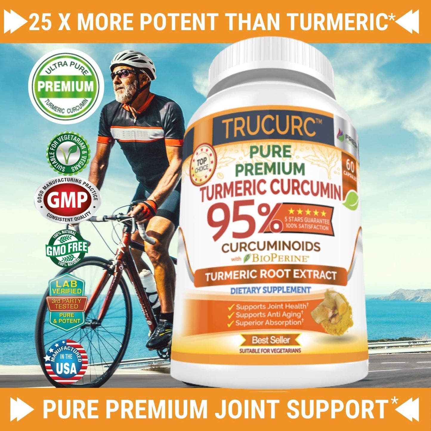 Trucurc Turmeric Curcumin Supplement with Black Pepper - 95% Pure Curcumin - Joint Support - Natural Health - 60 Capsules