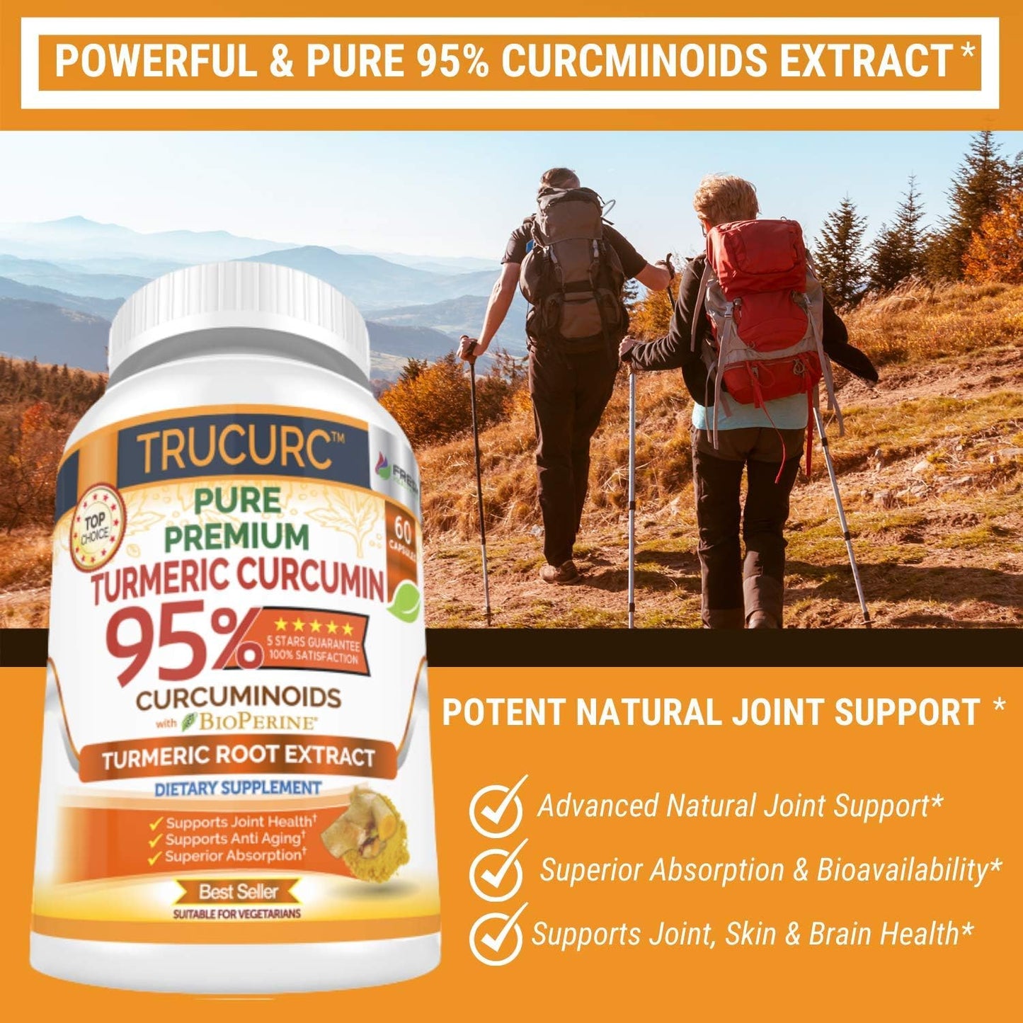 Trucurc Turmeric Curcumin Supplement with Black Pepper - 95% Pure Curcumin - Joint Support - Natural Health - 60 Capsules