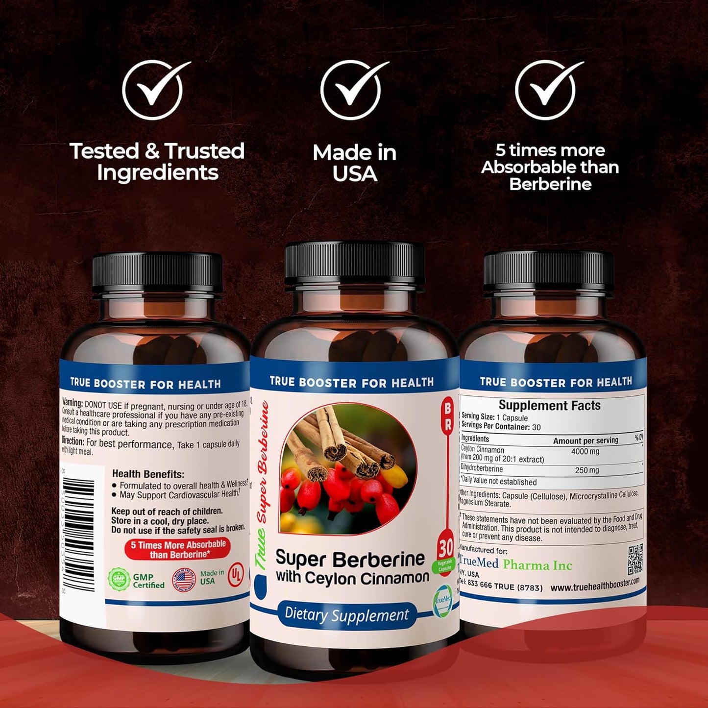 TRUEMED Super Berberine Supplement - High Potency 4250mg Formula for Immune Support and Metabolism Boost