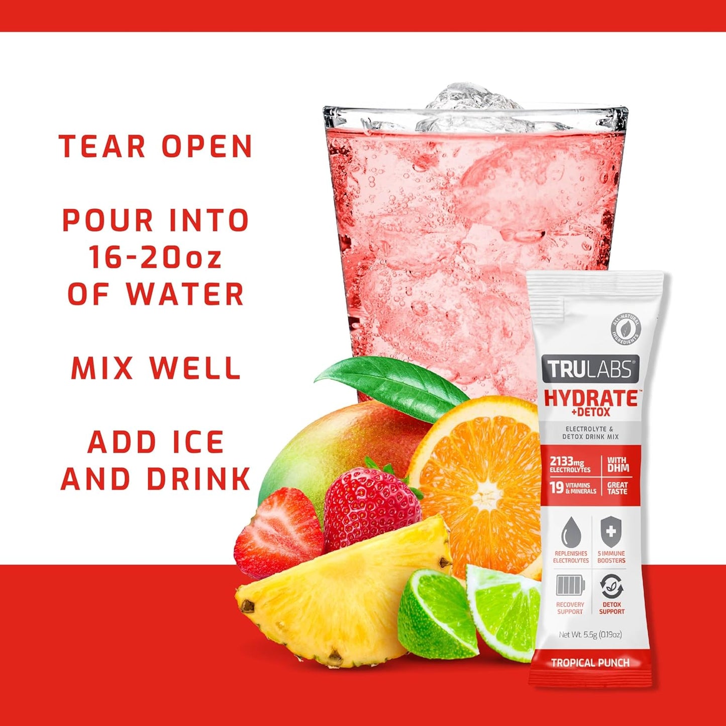 TRULABS Hydrate + Detox Tropical Punch Electrolyte Hydration Packets - 6ct. Sugar Free with 1422mg Electrolytes, 19 Vitamins & Minerals, DHM