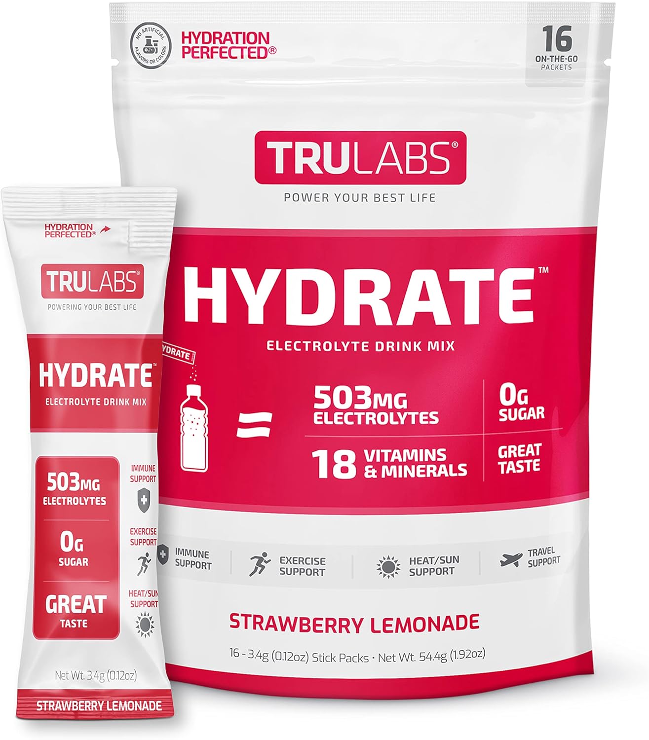 TRULABS Hydrate Strawberry Lemonade Electrolyte Powder Drink Mix - 16 Sticks, Zero Sugar, 5 Calories, 503mg Electrolytes.