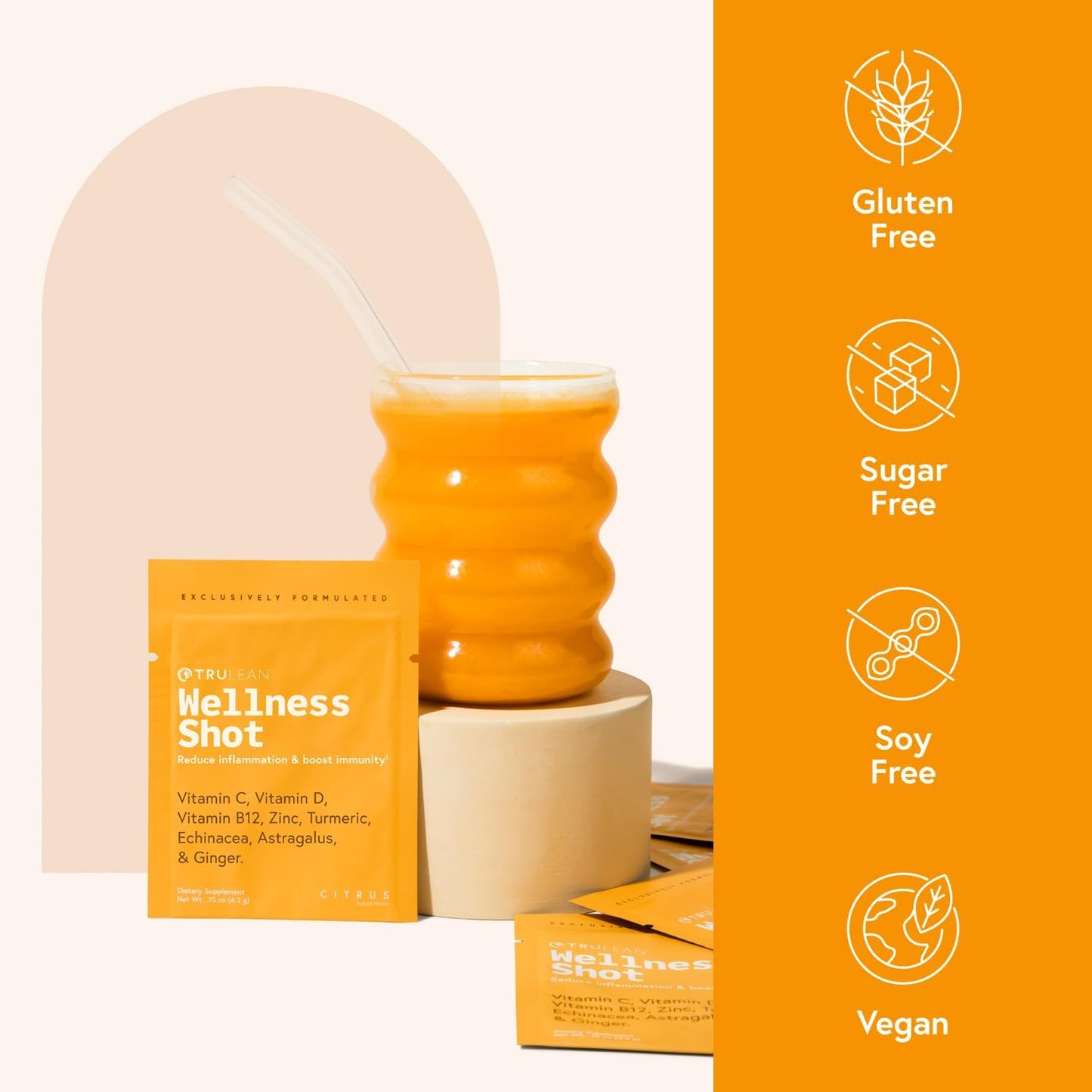 TRULEAN Everyday Wellness Immune Support Shot with Vitamin C, Turmeric, Ginger, Zinc, Echinacea - Sugar & Gluten Free - 30 Packets