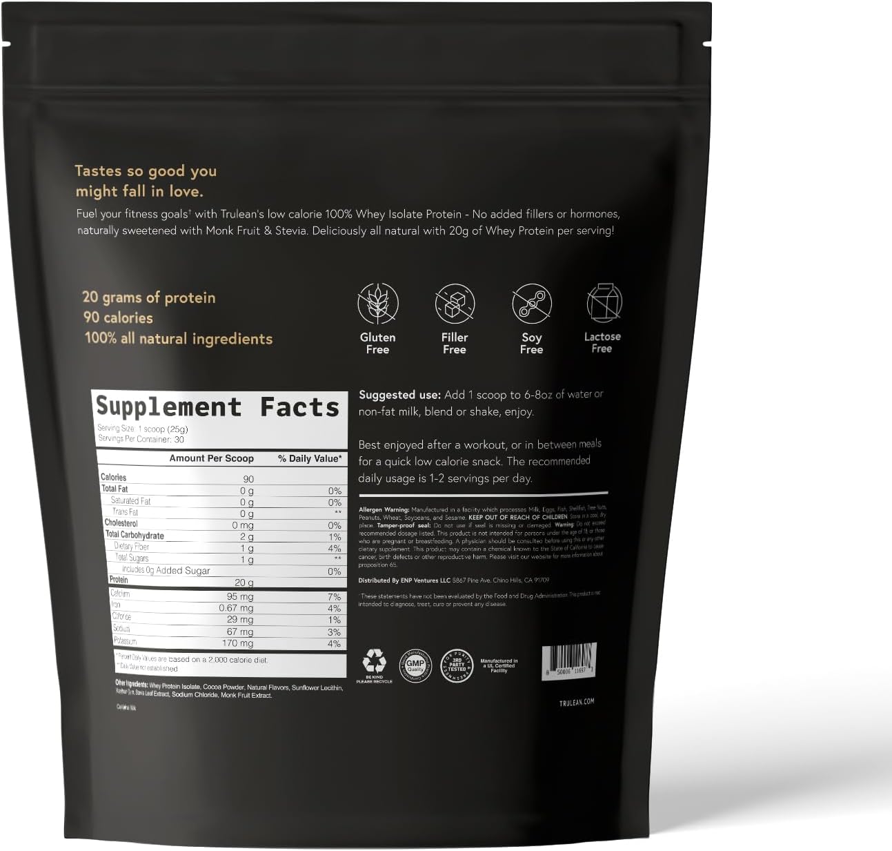 TRULEAN Rich Dutch Chocolate Whey Isolate Protein Powder - 20g Protein, No Artificial Sweeteners, Gluten & Soy Free - 30 Servings