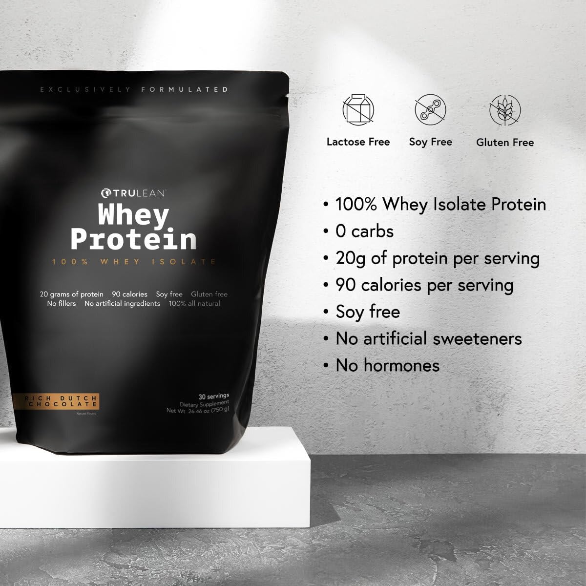TRULEAN Rich Dutch Chocolate Whey Isolate Protein Powder - 20g Protein, No Artificial Sweeteners, Gluten & Soy Free - 30 Servings