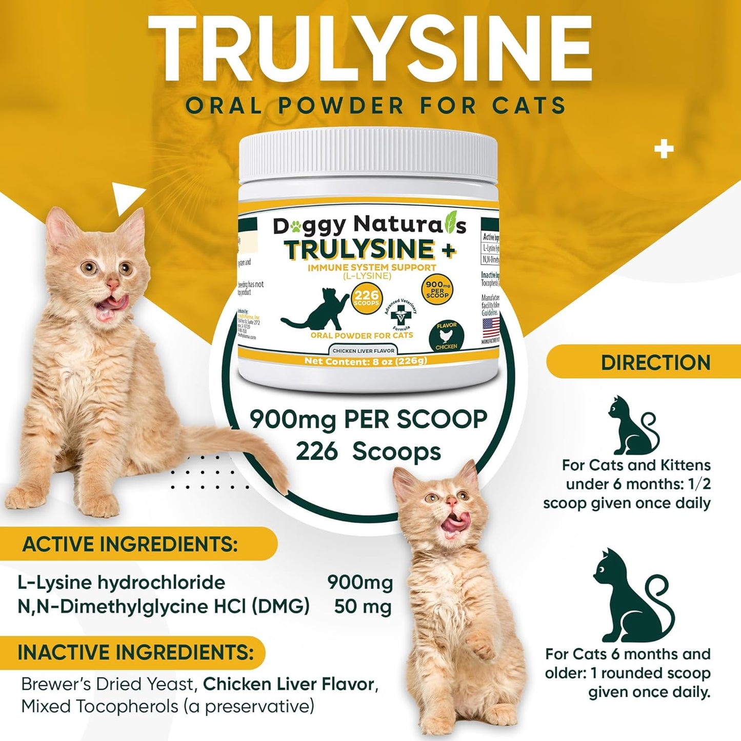 Trulysine Plus L-Lysine Oral Powder for Cats 8oz - Immune Support, Sneezing, Runny Nose, Watery Eyes - Chicken Liver Flavor - All Ages - Made in the U.S.A