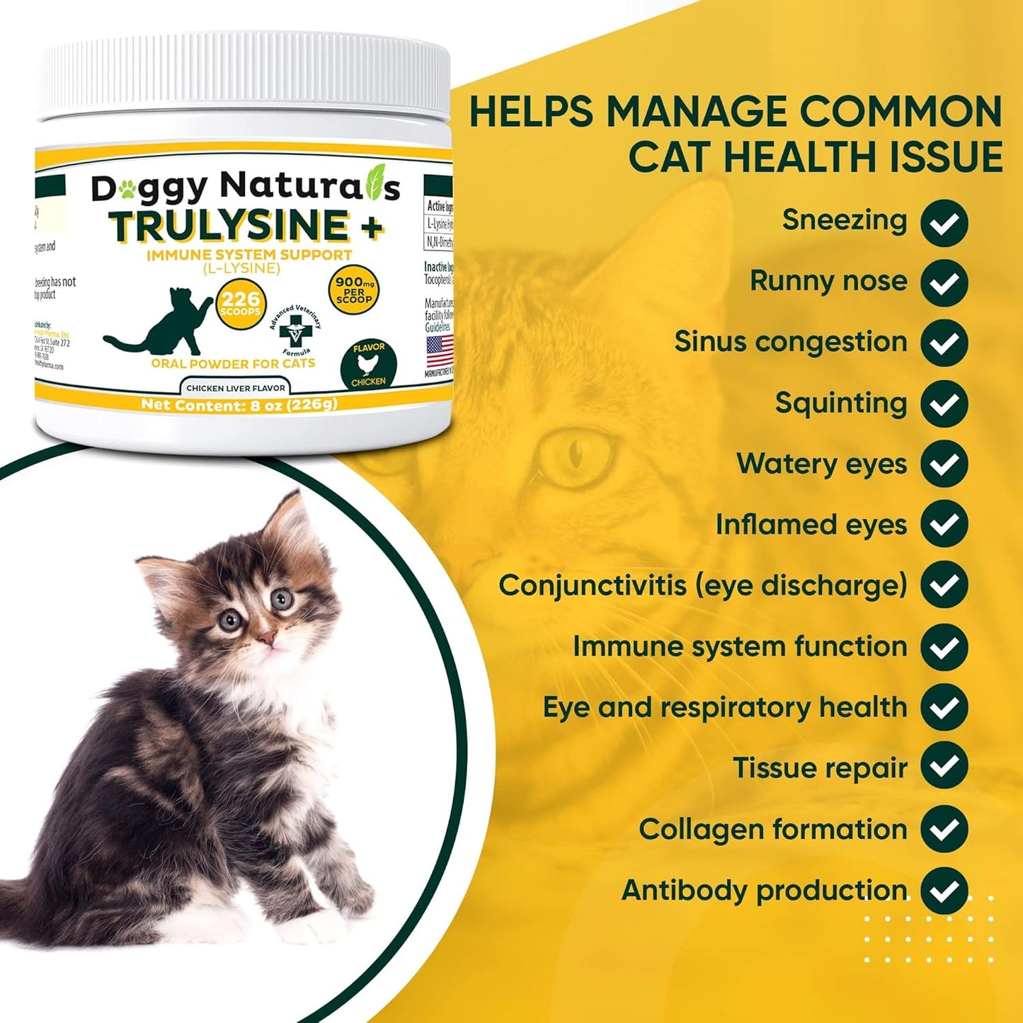 Trulysine Plus L-Lysine Oral Powder for Cats 8oz - Immune Support, Sneezing, Runny Nose, Watery Eyes - Chicken Liver Flavor - All Ages - Made in the U.S.A
