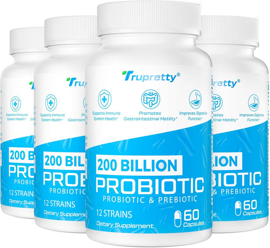 Trupretty 200 Billion CFUs Probiotic with 12 Strains and 3 Organic Prebiotics - Daily Supplement for Immune, Gut, Digestive Health - 240 Capsules (240-Day Supply)