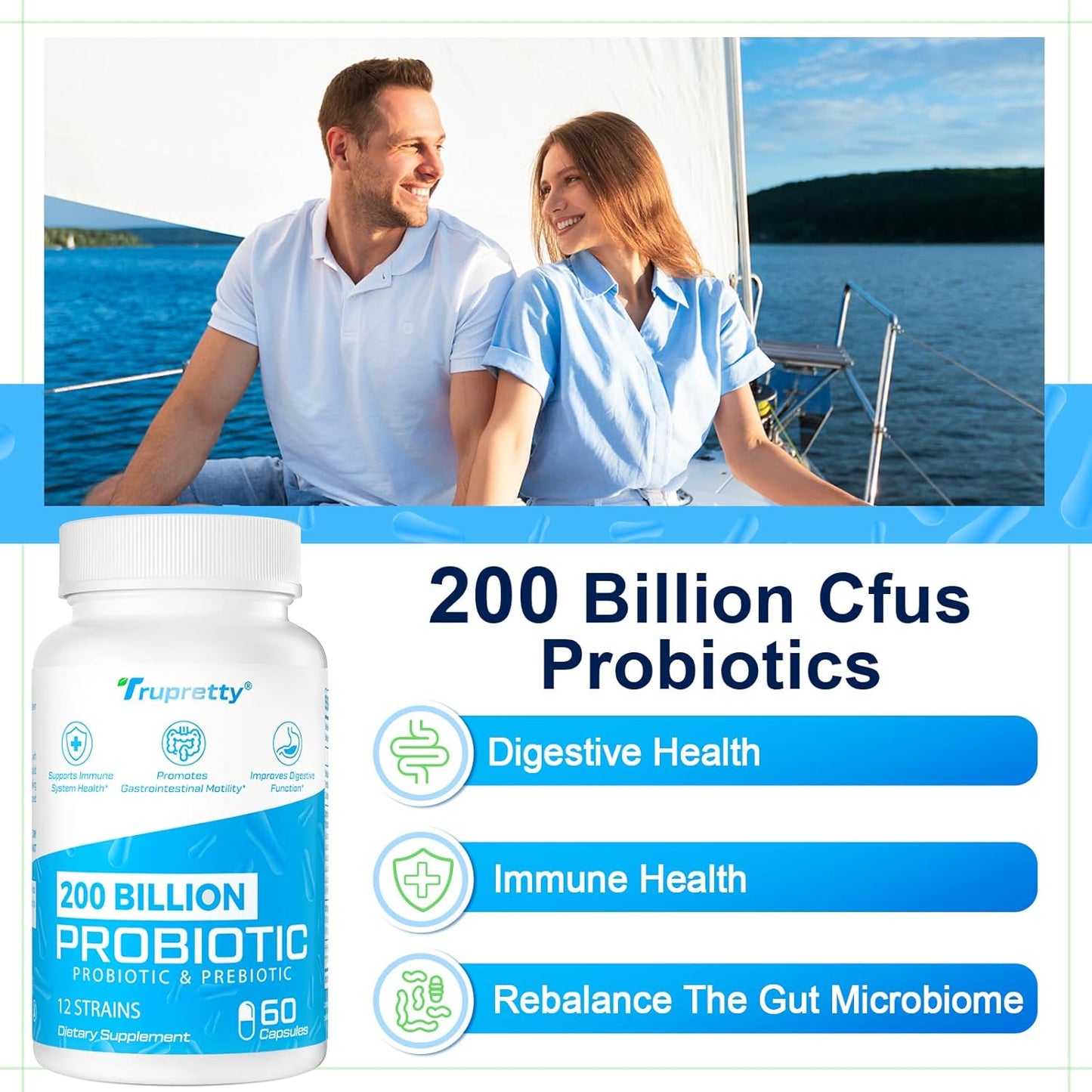 Trupretty 200 Billion CFUs Probiotic with 12 Strains and 3 Organic Prebiotics - Daily Supplement for Immune, Gut, Digestive Health - 240 Capsules (240-Day Supply)