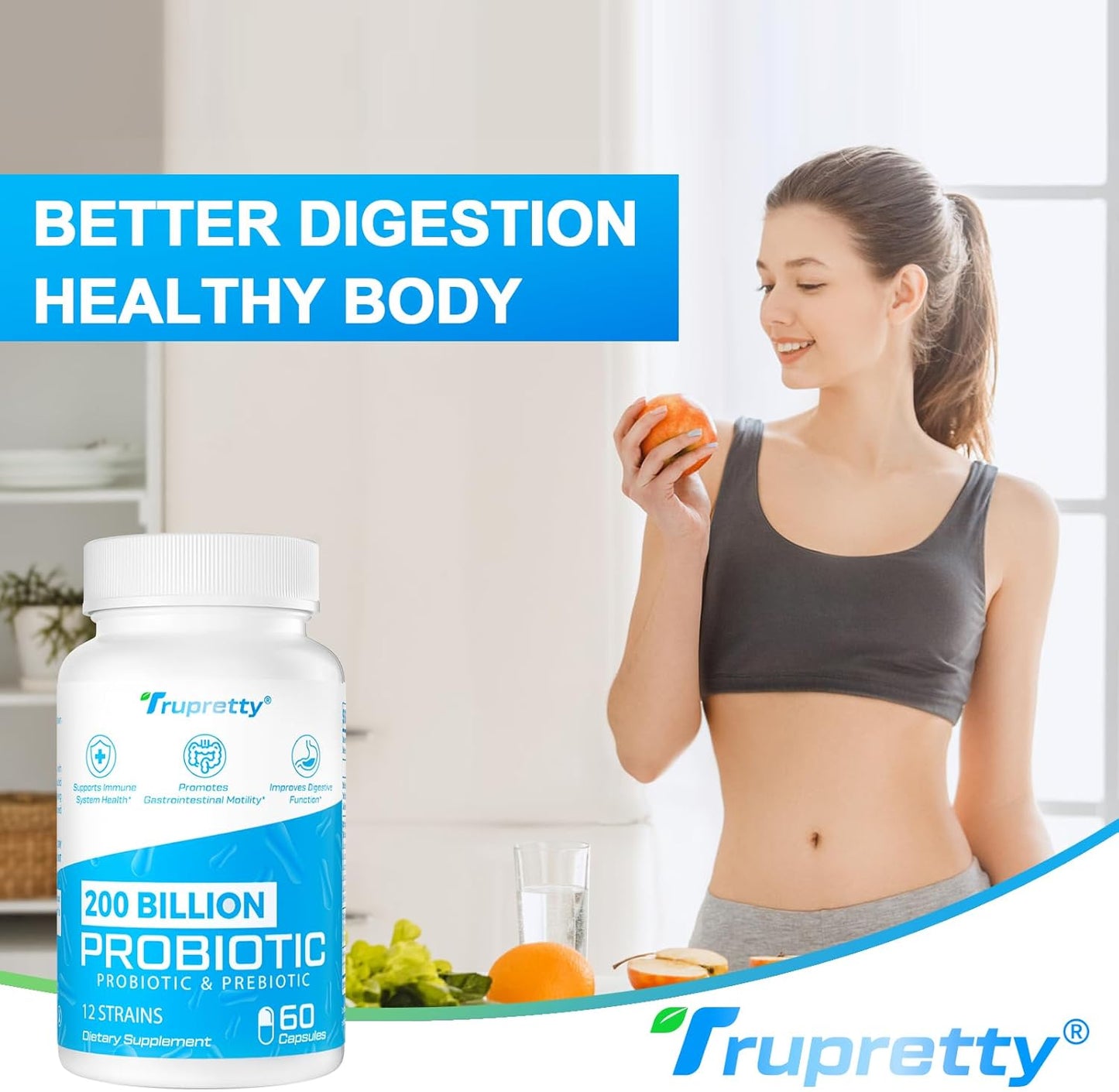 Trupretty 200 Billion CFUs Probiotic with 12 Strains and 3 Organic Prebiotics - Daily Supplement for Immune, Gut, Digestive Health - 240 Capsules (240-Day Supply)