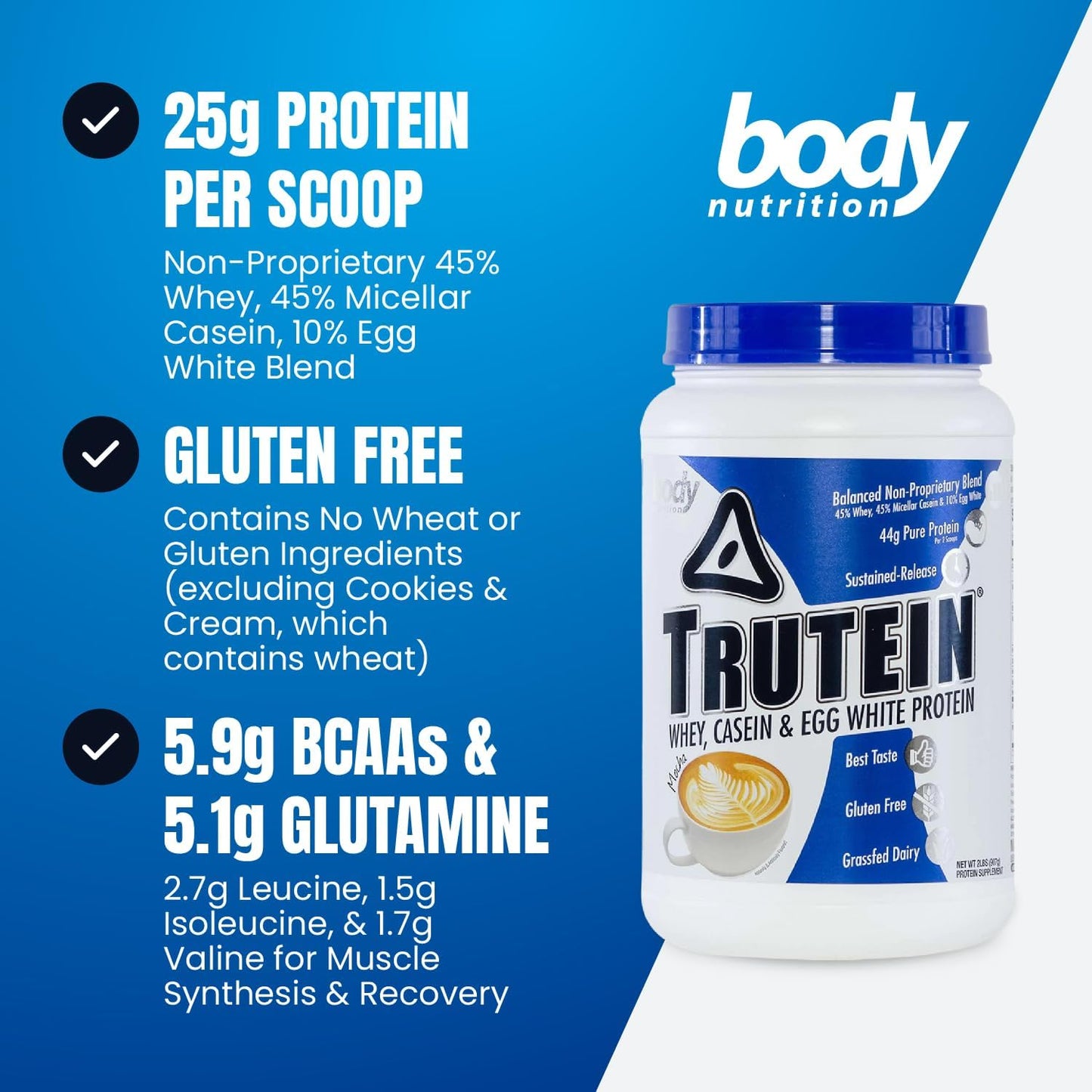 Trutein High Protein Powder: 45% Whey, 45% Casein, 10% Egg White, Gluten-Free, Low Sodium, Grass Fed, Gym Supplement & Breakfast Shake - Mocha, 2lb