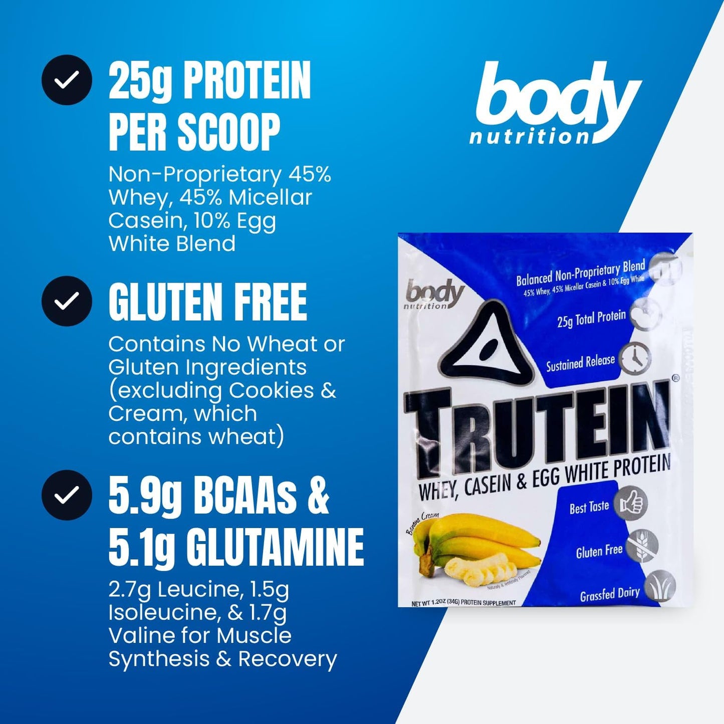 Trutein High Protein Powder: Banana Cream Flavor, Grass Fed Whey, Gluten-Free, Low Sodium, Gym Supplement & Breakfast Shake, 34g Sample Size