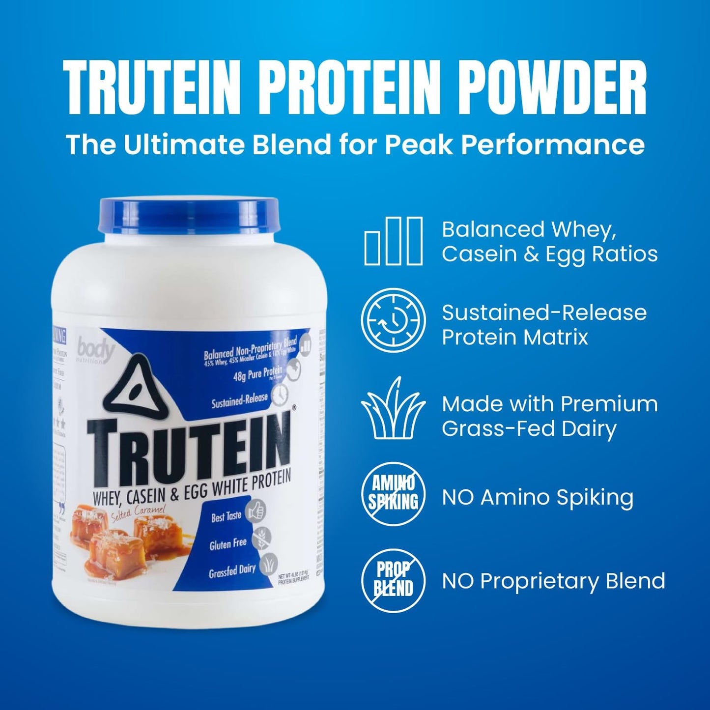 Trutein High Protein Powder: Gluten-Free Gym Supplement & Breakfast Shake - Salted Caramel, Grass Fed Whey, Low Sodium - 4lb