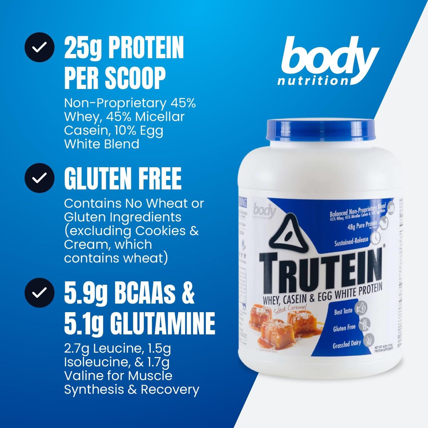 Trutein High Protein Powder: Gluten-Free Gym Supplement & Breakfast Shake - Salted Caramel, Grass Fed Whey, Low Sodium - 4lb