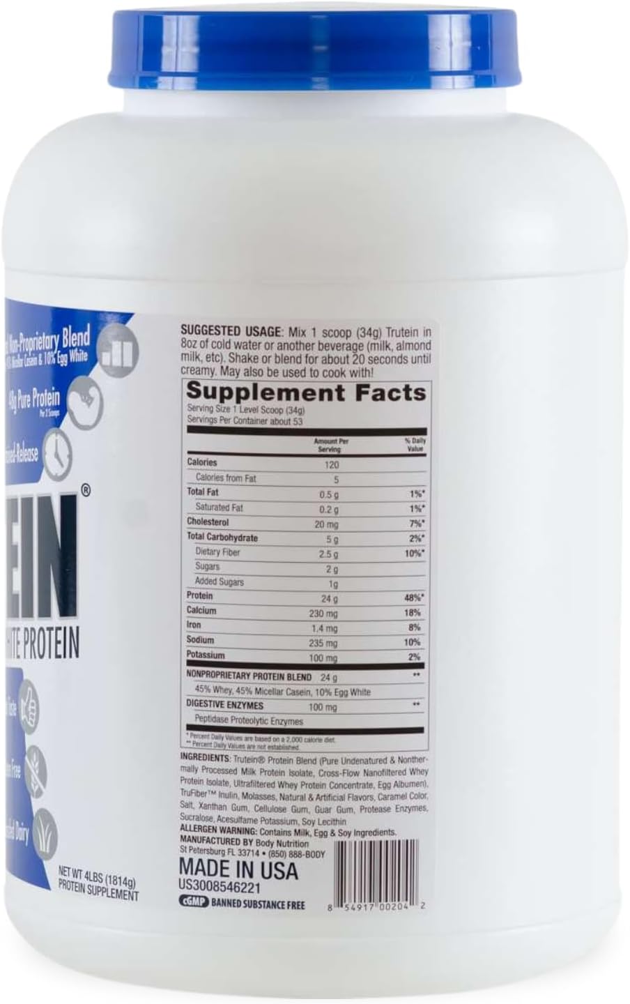Trutein High Protein Powder: Gluten-Free Gym Supplement & Breakfast Shake - Salted Caramel, Grass Fed Whey, Low Sodium - 4lb