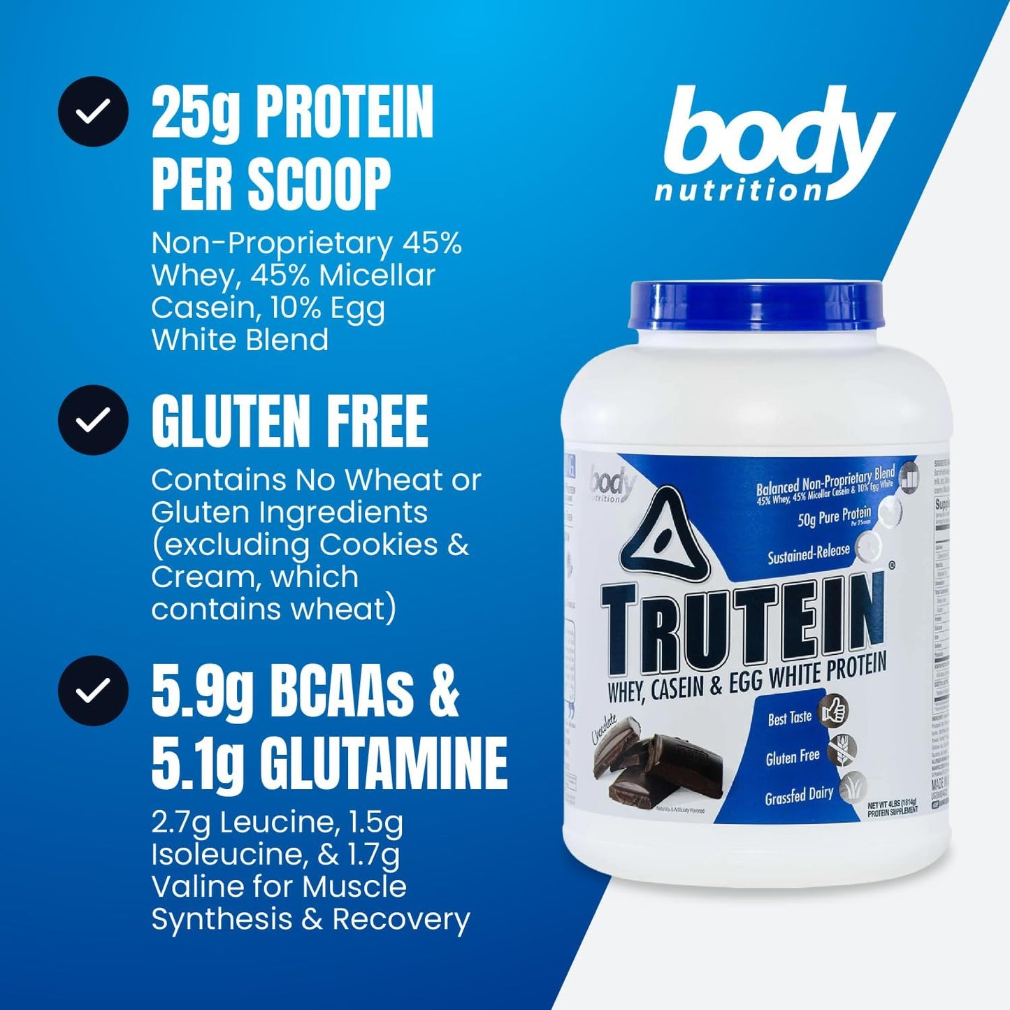 Trutein High Protein Powder: Grass Fed Whey, Gluten-Free Chocolate Shake - 4lb