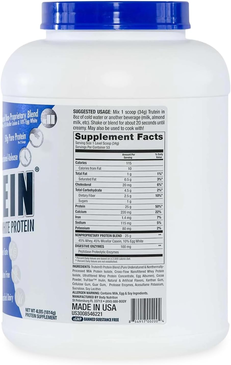 Trutein High Protein Powder: Grass Fed Whey, Gluten-Free Chocolate Shake - 4lb