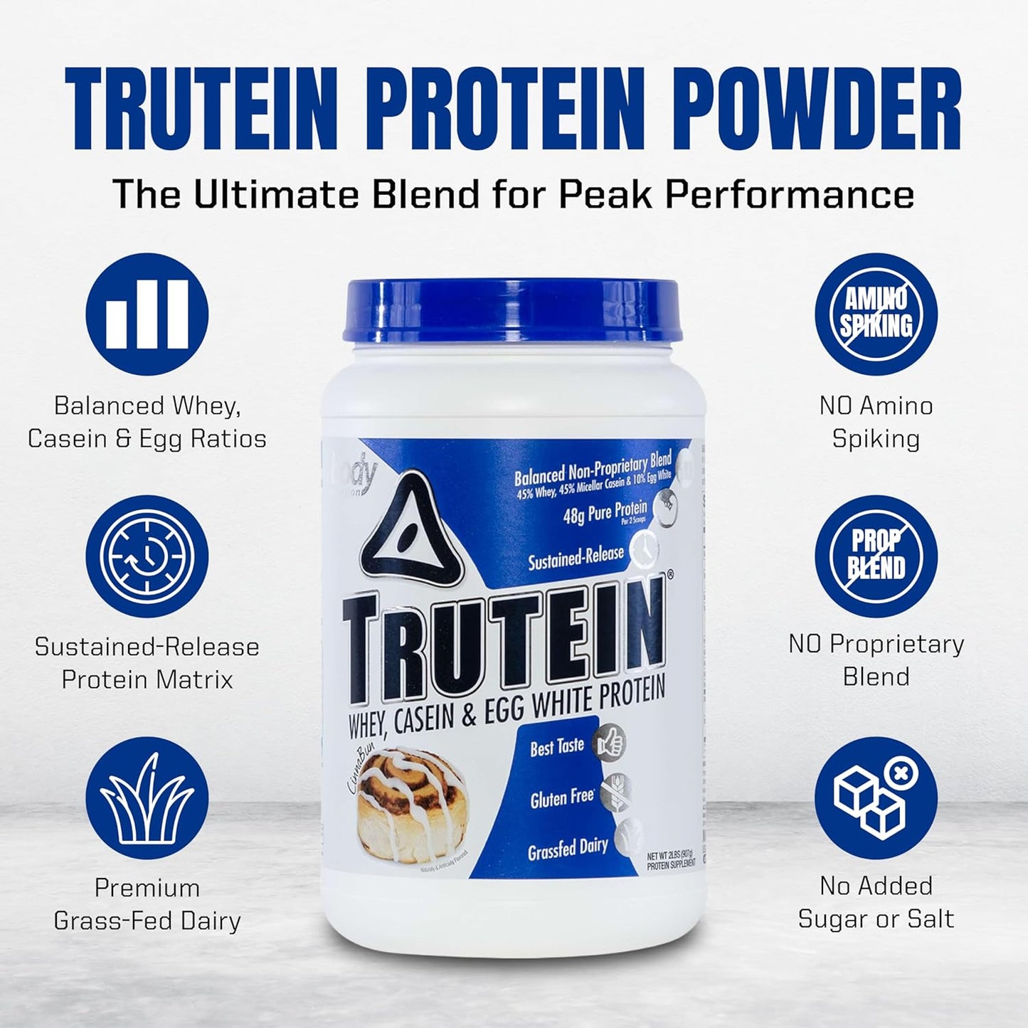 Trutein High Protein Powder Mix - 45% Whey, 45% Casein, 10% Egg White, Cinnabun Flavor, Gluten-Free, Low Sodium, Low Carb - 2lb