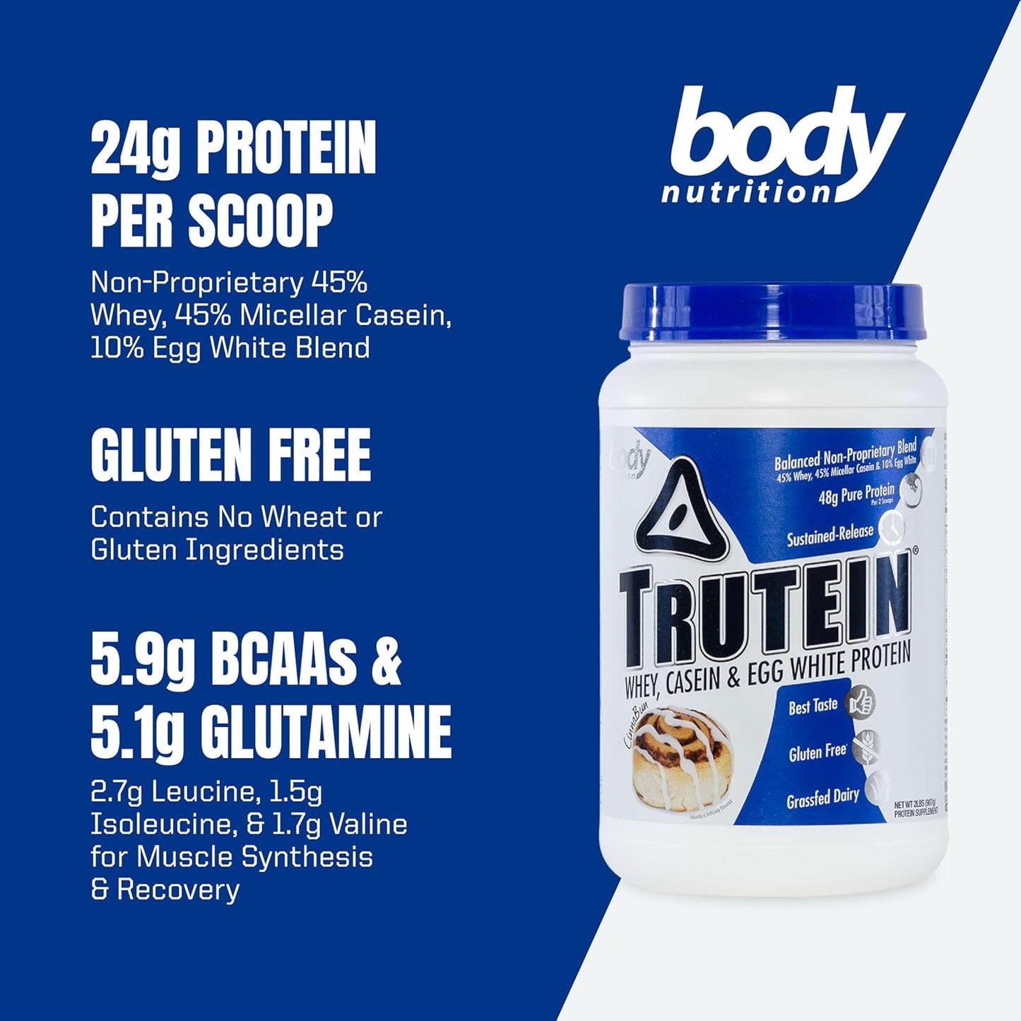 Trutein High Protein Powder Mix - 45% Whey, 45% Casein, 10% Egg White, Cinnabun Flavor, Gluten-Free, Low Sodium, Low Carb - 2lb