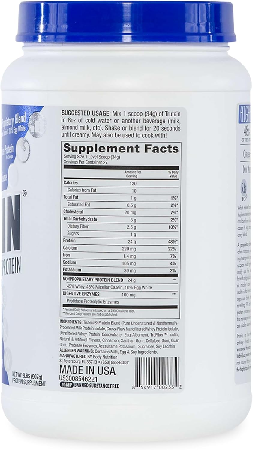 Trutein High Protein Powder Mix - 45% Whey, 45% Casein, 10% Egg White, Cinnabun Flavor, Gluten-Free, Low Sodium, Low Carb - 2lb