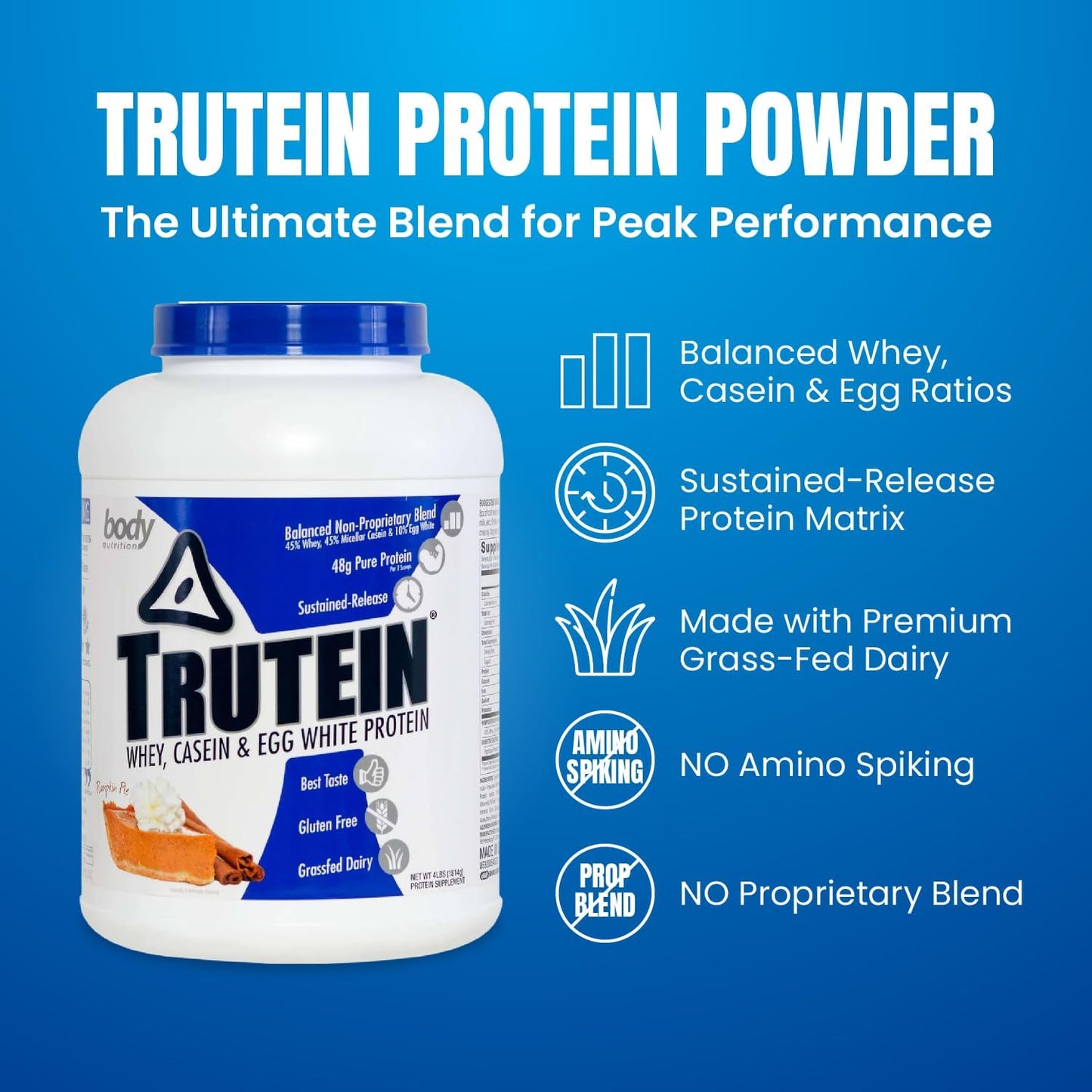 Trutein High Protein Powder: Pumpkin Pie Flavor, Grass Fed Whey, Gym Supplement & Breakfast Shake, Gluten-Free - 4lb