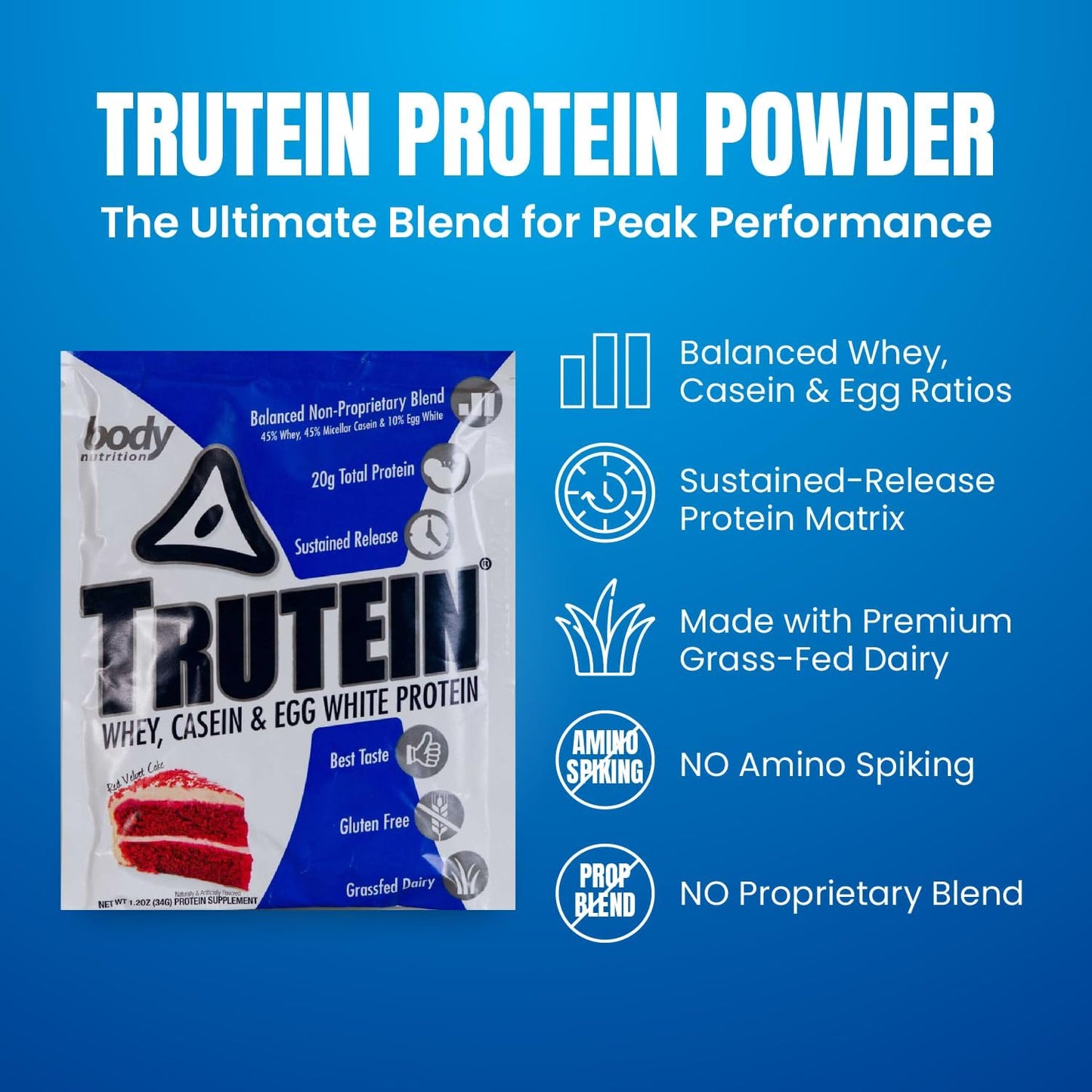 Trutein High Protein Powder: Red Velvet Cake Flavor, Grass-Fed Whey, Gluten-Free, Gym Supplement & Breakfast Shake, 34g Sample Size