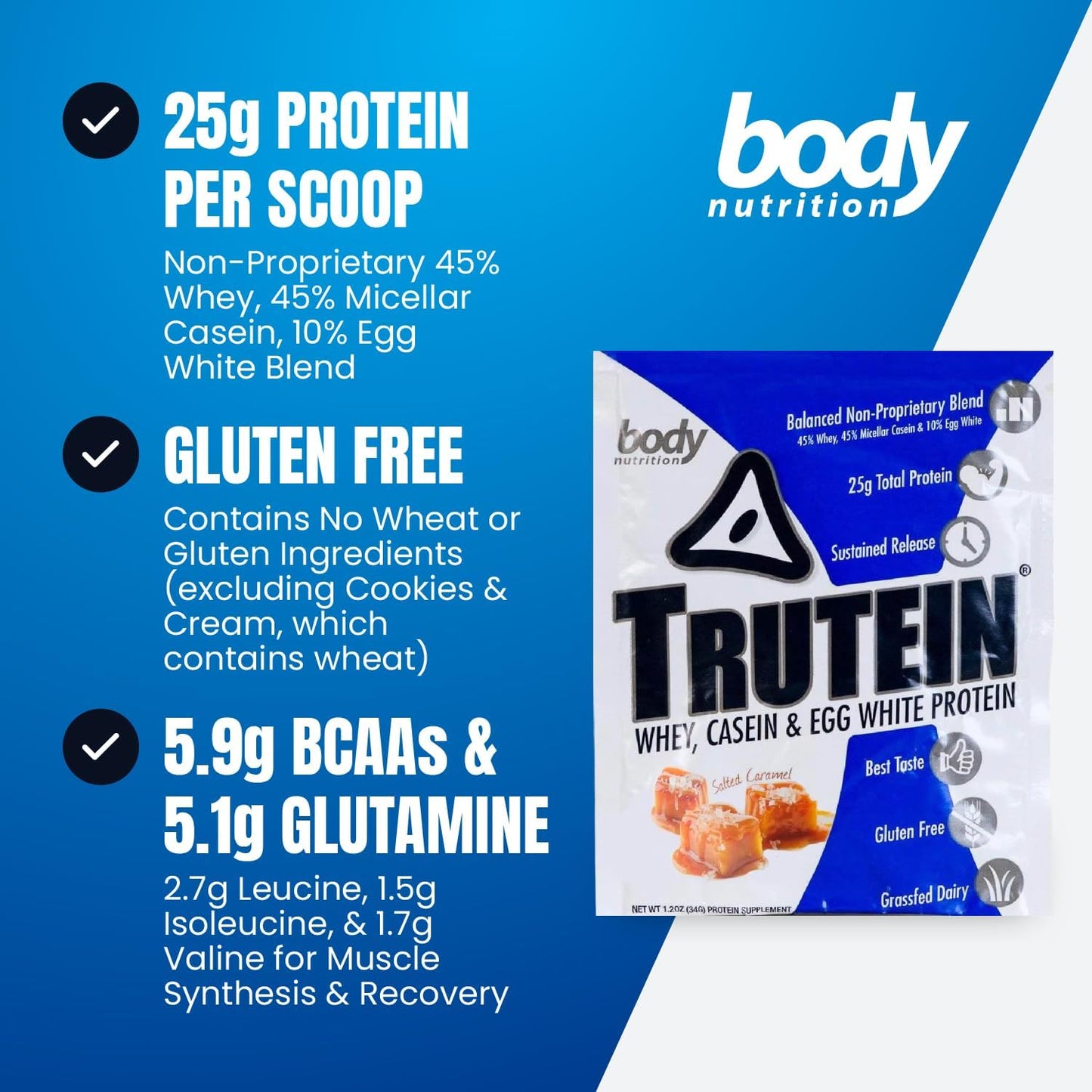 Trutein Protein Powder Salted Caramel Breakfast Shake - 34g Sample - 25g Protein - Meal Replacement & Recovery Drink Mix