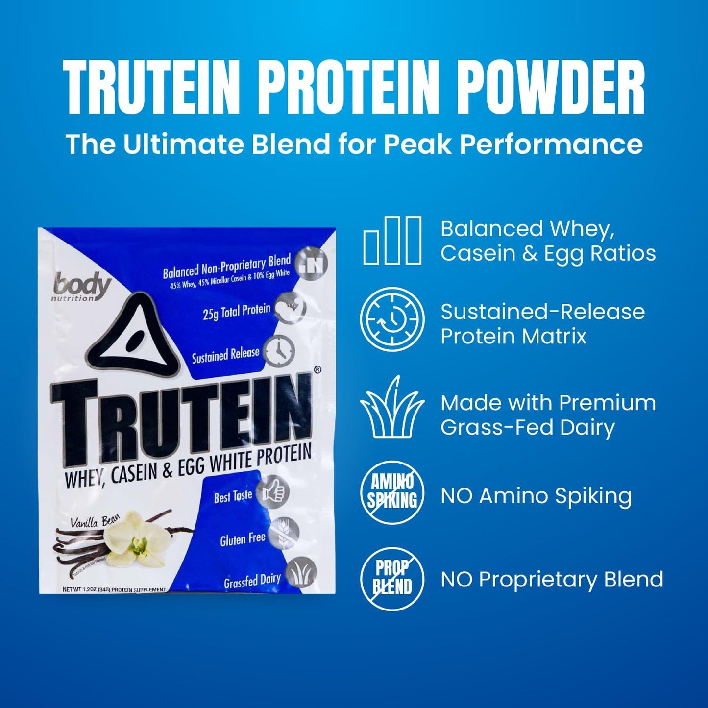 Trutein Protein Powder Vanilla Bean Sample - 25g Protein for Breakfast, Meal Replacement, Workout Recovery - 34g