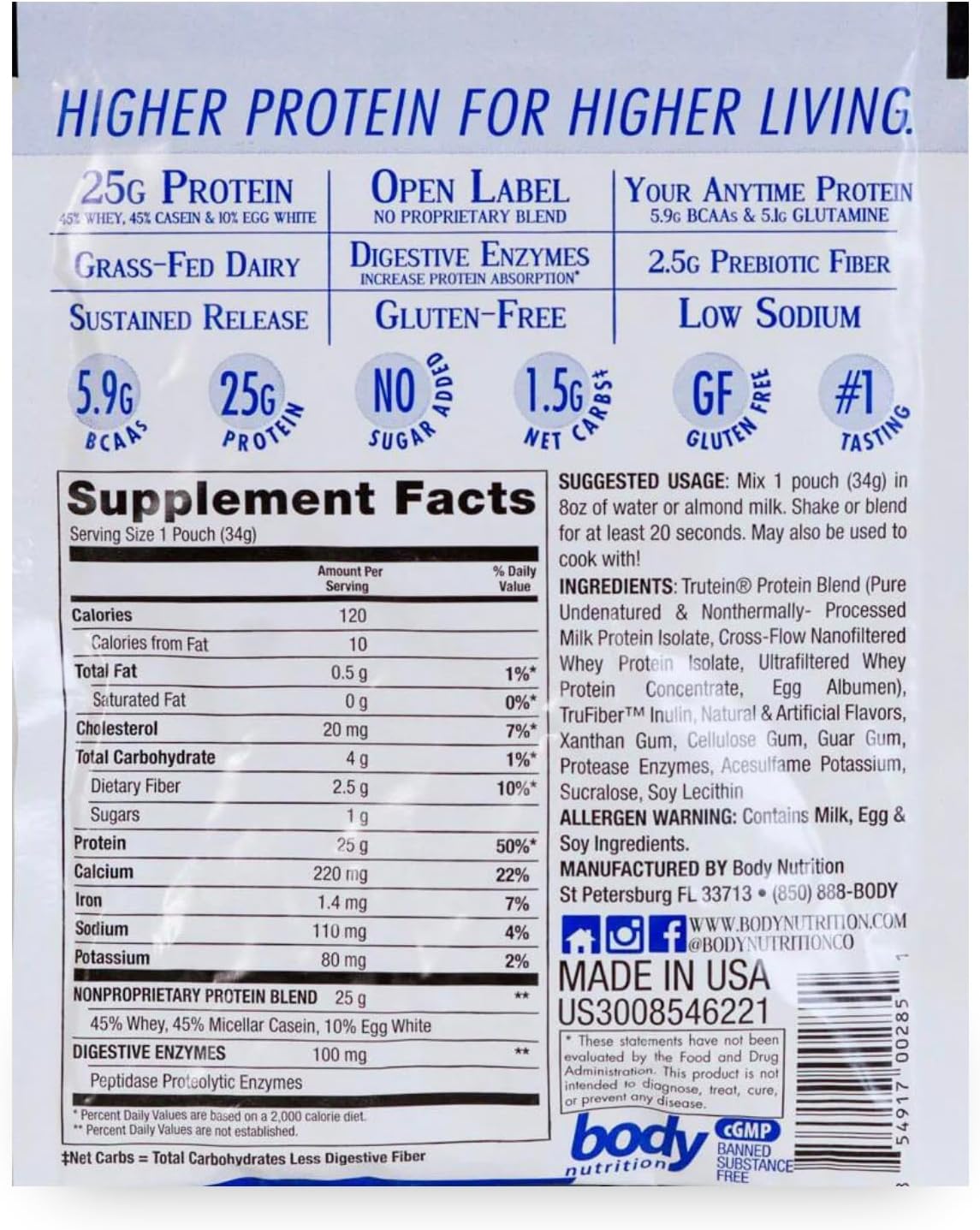 Trutein Protein Powder Vanilla Bean Sample - 25g Protein for Breakfast, Meal Replacement, Workout Recovery - 34g