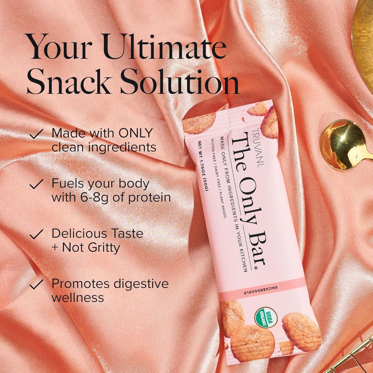 Truvani Snickerdoodle Plant-Based Snack Bars - 12 Pack - 5g Protein - Organic, Vegan, Dairy, Soy, Gluten Free - Individually Wrapped