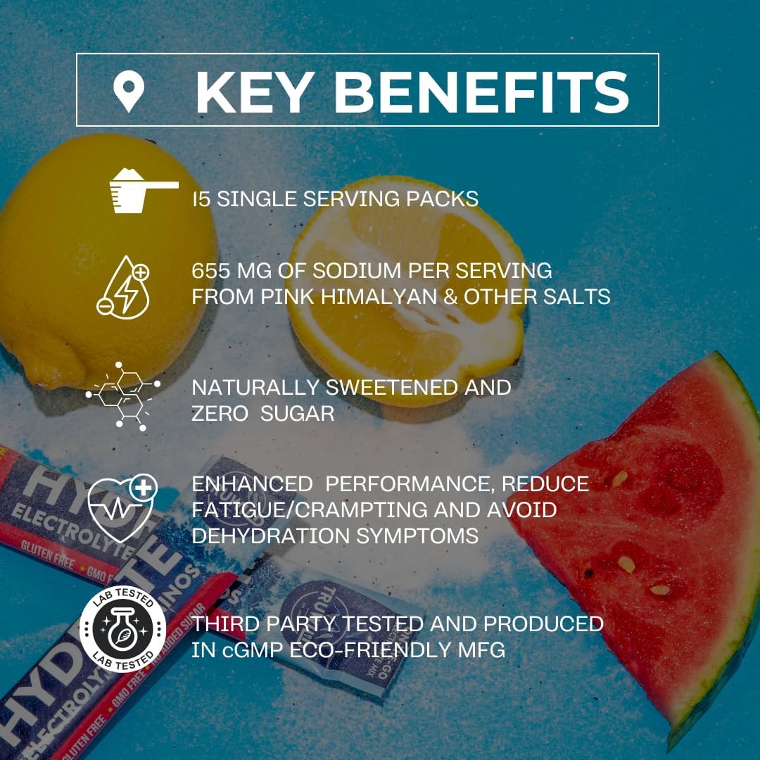 TruWild Natural Hydration Powder - Vegan Electrolytes & Amino Acids, Sugar-Free Single Serve Recovery Drink with Magnesium for Muscle Support (Watermelon Lemonade)
