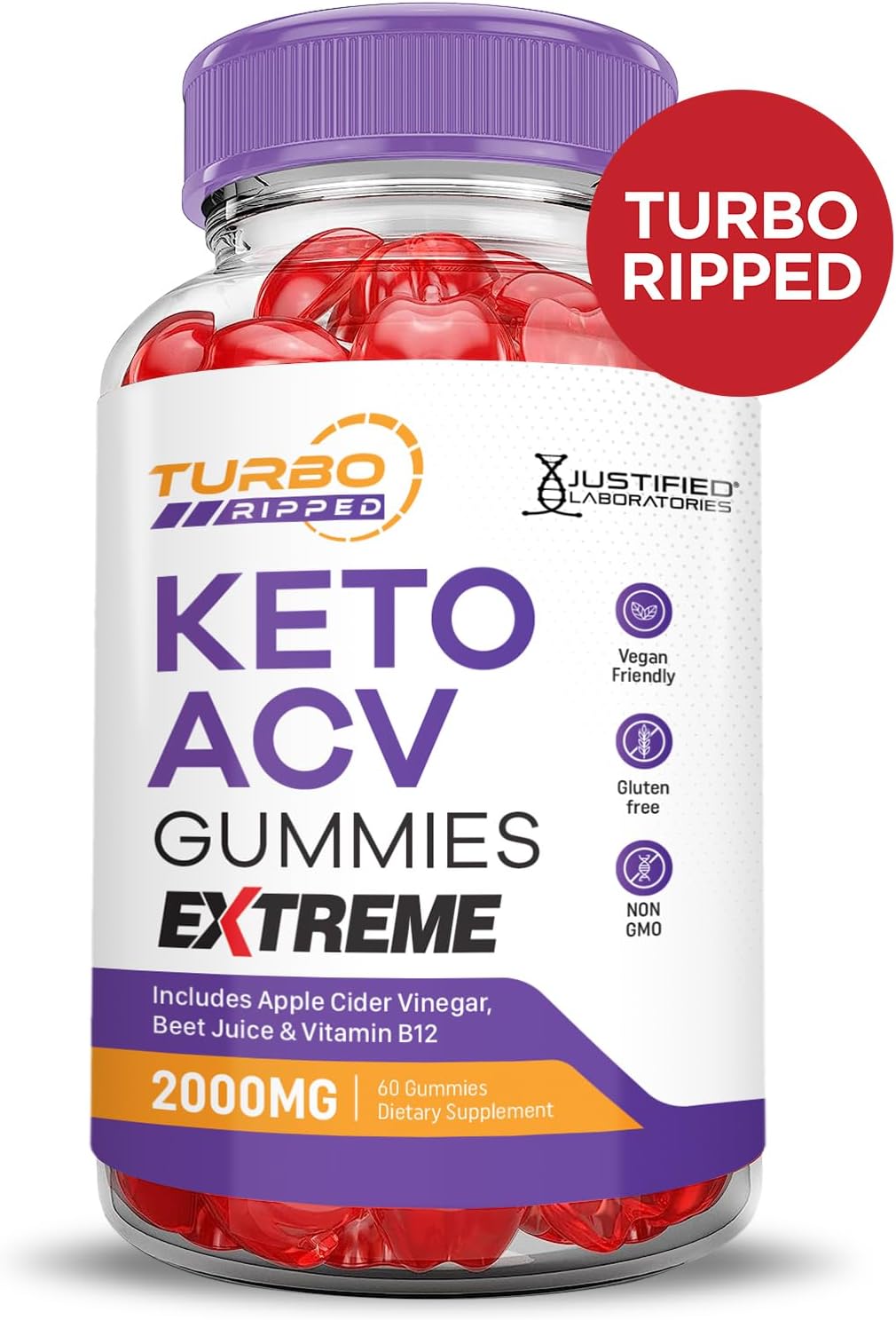 Turbo Ripped Keto ACV Gummies Extreme 2000MG (2 Pack) - Apple Cider Vinegar with Pomegranate Beet Juice Powder, B12 - Vegan & Non GMO - 120 Gummies