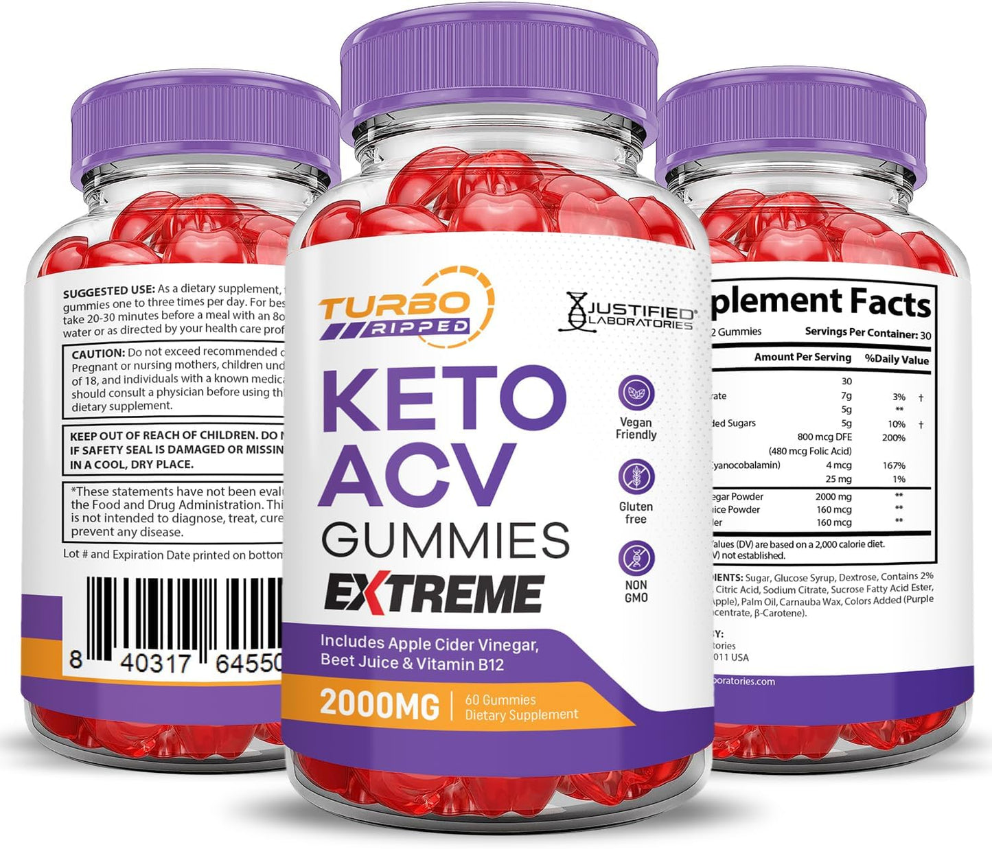 Turbo Ripped Keto ACV Gummies Extreme 2000MG (2 Pack) - Apple Cider Vinegar with Pomegranate Beet Juice Powder, B12 - Vegan & Non GMO - 120 Gummies
