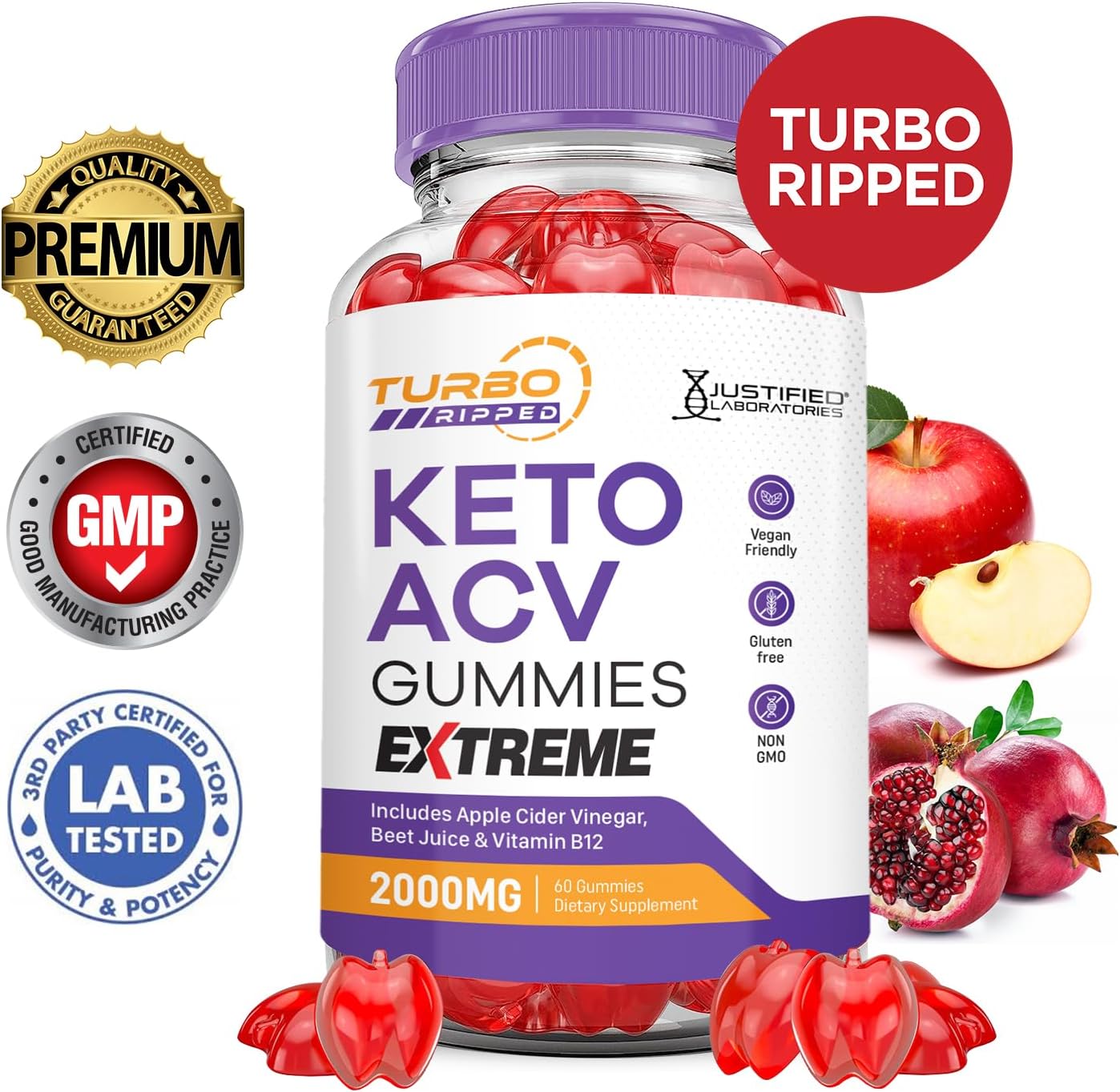 Turbo Ripped Keto ACV Gummies with Pomegranate Beet Juice Powder - 2000MG B12 Vegan Non GMO 60 Gummies