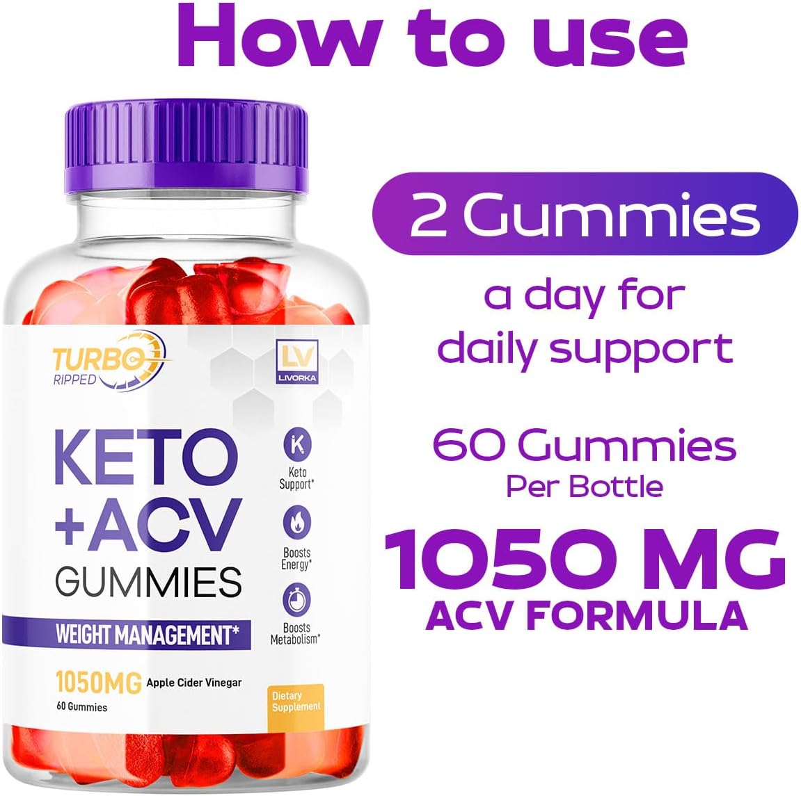 Turbo Ripped Keto Slimming Formula ACV Gummies with Advanced Multivitamins - 1 Month Supply