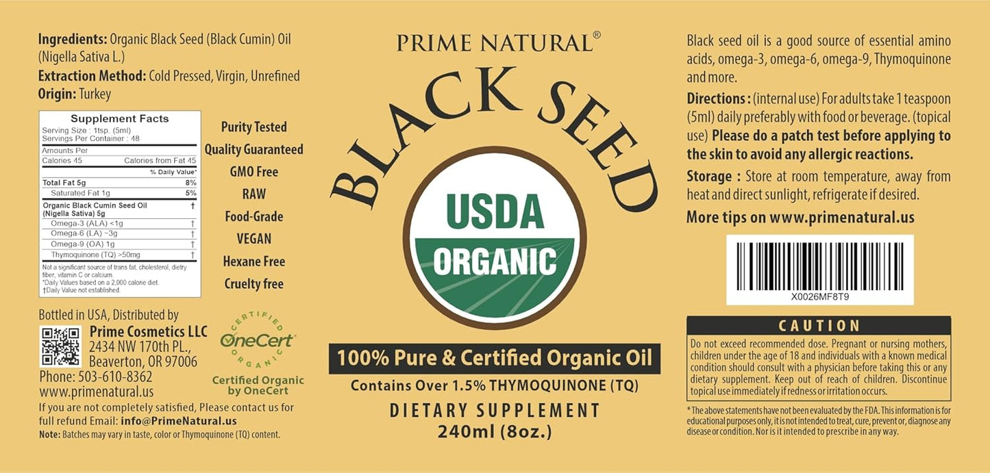 Turkish Origin Cold Pressed Organic Black Seed Oil 8oz - High Thymoquinone 1.7% - USDA Certified - Pure Nigella Sativa Liquid - Vegan Omega 3 6 9 - Antioxidant Immune Boost for Joints and Skin - BoostGo Australia