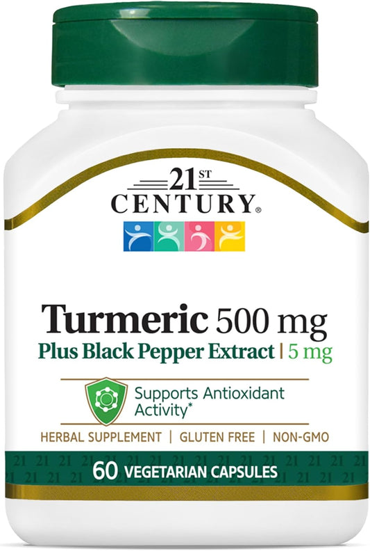 Turmeric 500 mg Capsules with Black Pepper Extract - 60 Count, Vegetarian-Friendly Formula for 21st Century Benefits