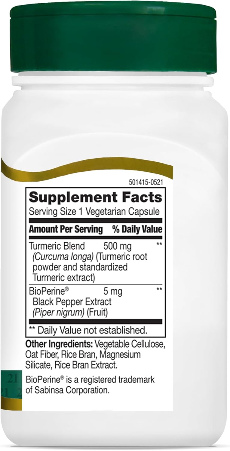 Turmeric 500 mg Capsules with Black Pepper Extract - 60 Count, Vegetarian-Friendly Formula for 21st Century Benefits