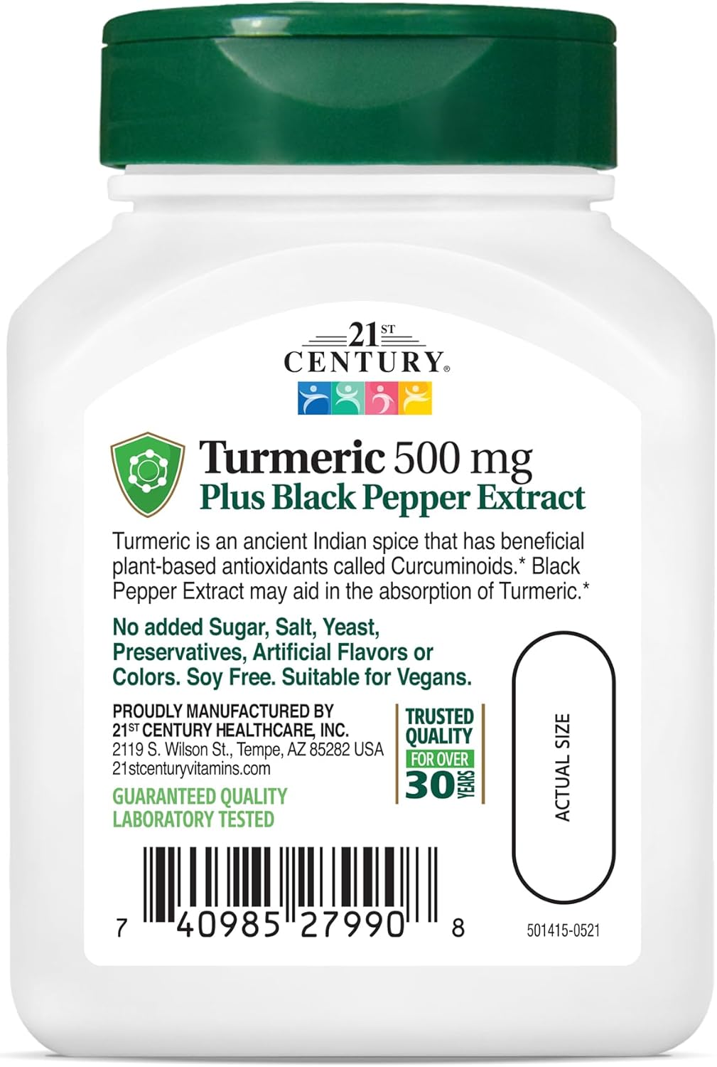 Turmeric 500 mg Capsules with Black Pepper Extract - 60 Count, Vegetarian-Friendly Formula for 21st Century Benefits