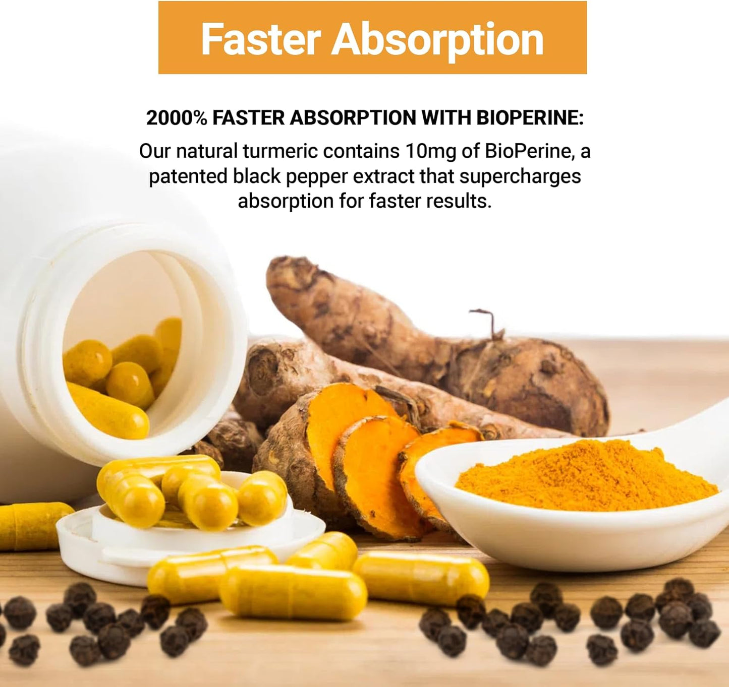 Turmeric and Black Pepper Extract Capsules for Stronger Joints and Natural Energy Support - Up to 2000% Faster Absorption - Enhanced Memory - 60 Count